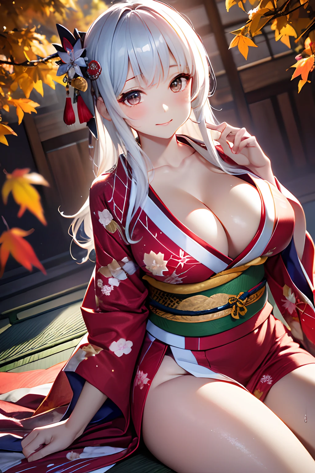 ((masutepiece)), Best Quality, Super Detail, HDTV, Highly detailed CG unified 8K wallpaper, Perfect Anatomy, Detailed hand, ((((High angle,beautiful kimonos,Red kimono,Japanese dress,Dazzling)))), (One woman with big breasts with sexy charm), ((,Open chest,Legs seen from the hem of a kimono,No Underwear)), ((Full body)), (dynamic compositions), High definition beauty face, (Eye of Detail: 1.4), (Wet body)), Shiny skin, Fine-grained skin, Fine-grained hair, Cowboy Shot, Big background, (Colored leaves,momiji)