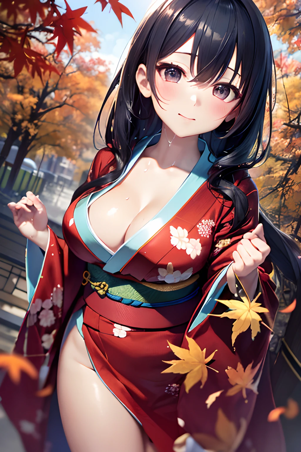 ((masutepiece)), Best Quality, Super Detail, HDTV, Highly detailed CG unified 8K wallpaper, Perfect Anatomy, Detailed hand, ((((High angle,beautiful kimonos,Red kimono,Japanese dress,Dazzling)))), (One woman with big breasts with sexy charm), ((,Open chest,Legs seen from the hem of a kimono,No Underwear)), ((Full body)), (dynamic compositions), High definition beauty face, (Eye of Detail: 1.4), (Wet body)), Shiny skin, Fine-grained skin, Fine-grained hair, Cowboy Shot, Big background, (Colored leaves,momiji)