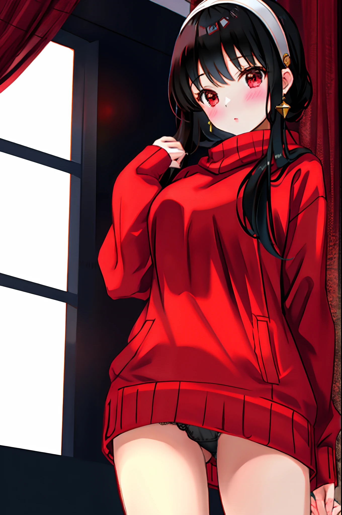 A dark-haired、red eyes、Beautiful girl alone、Red sweater、black panties