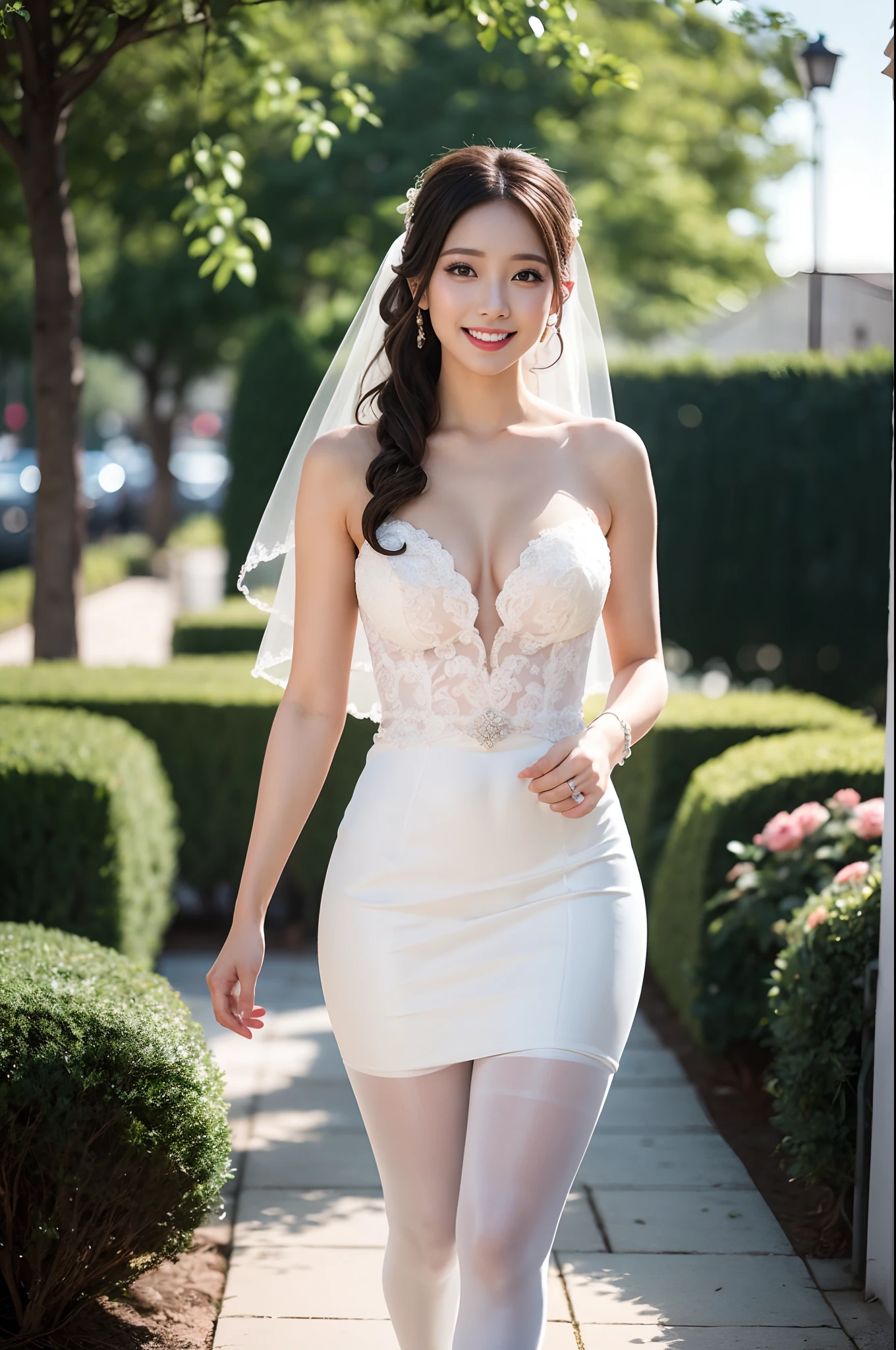 Very beautiful bride、wearing a wedding dress、jaw-dropping beauty、Walking in the garden、Wear ultra-realistic white pantyhose、Smile of shame、green lighting、4K, 8K, Background blur,　Colorful, Vivid colors,　shinny skin、Exposed thighs!!!、Colorful, Vivid colors,　shinny skin、turned around、Exposed thighs!!!、