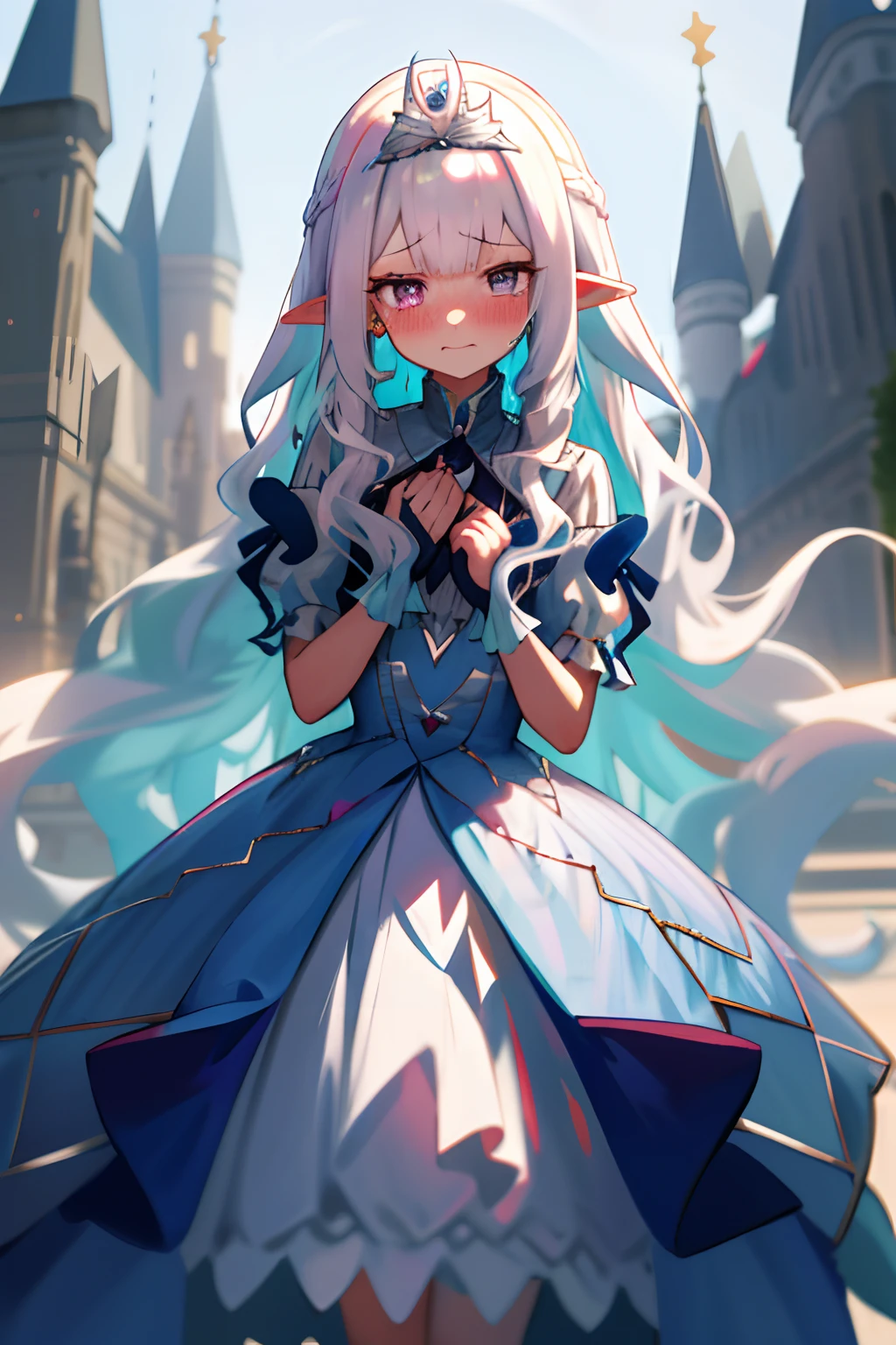 One girl with long wavy hair, white hair, looking at viewer, embarrassed, blushing, tears, outdoor , princess dress, tiara, pointy ears, perfect waist, castle, standing, hair ornament, eyeliner, thigh, hair ribbon