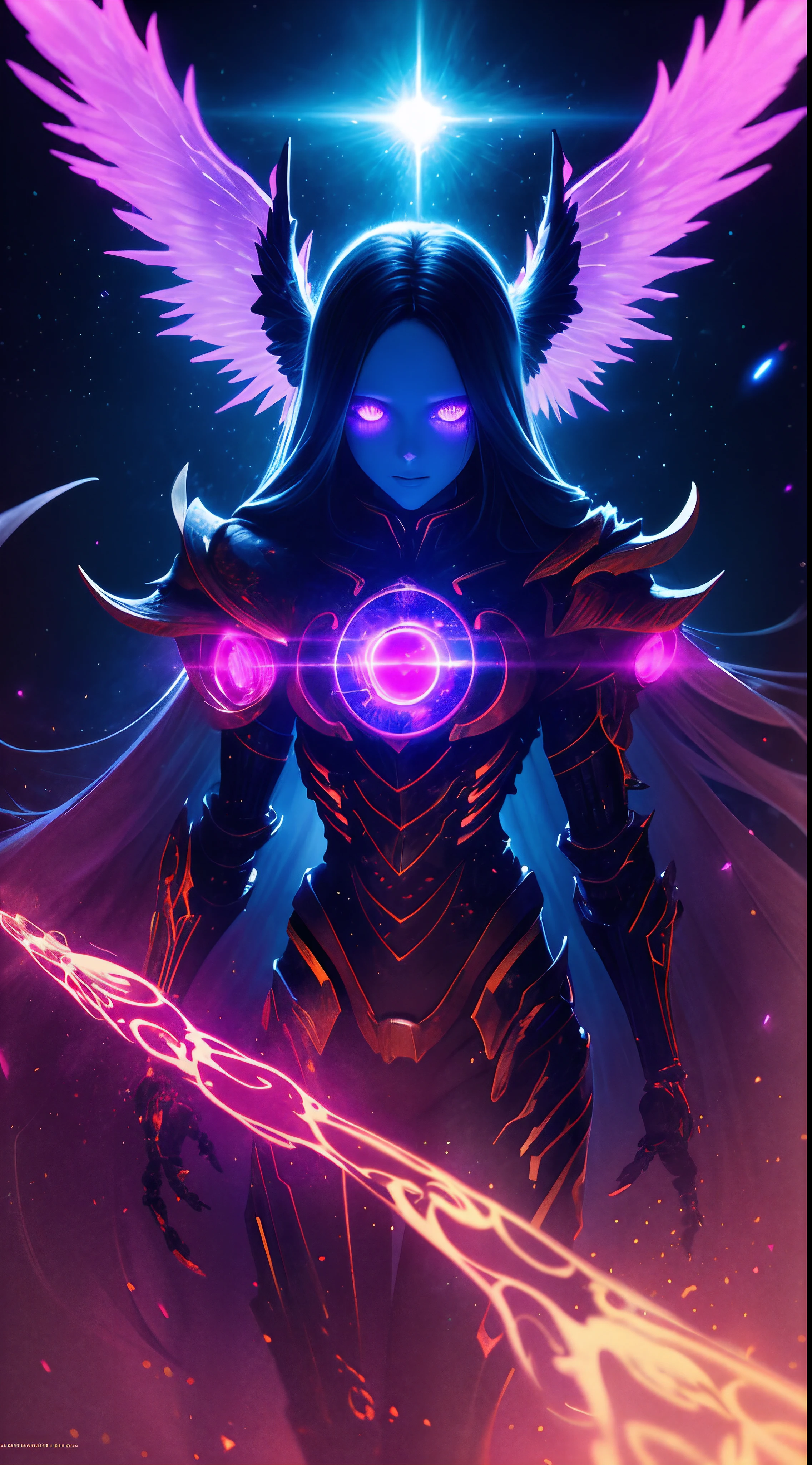 Cosmic Fallen Angel, glowing light eyes, Biomechanical, eerie, Creepy, nightmarish, Very bright colors, Light particles, with light glowing, Mshiff, wallpaper art, UHD wallpaper, cinematic styles, cinematic lights --auto