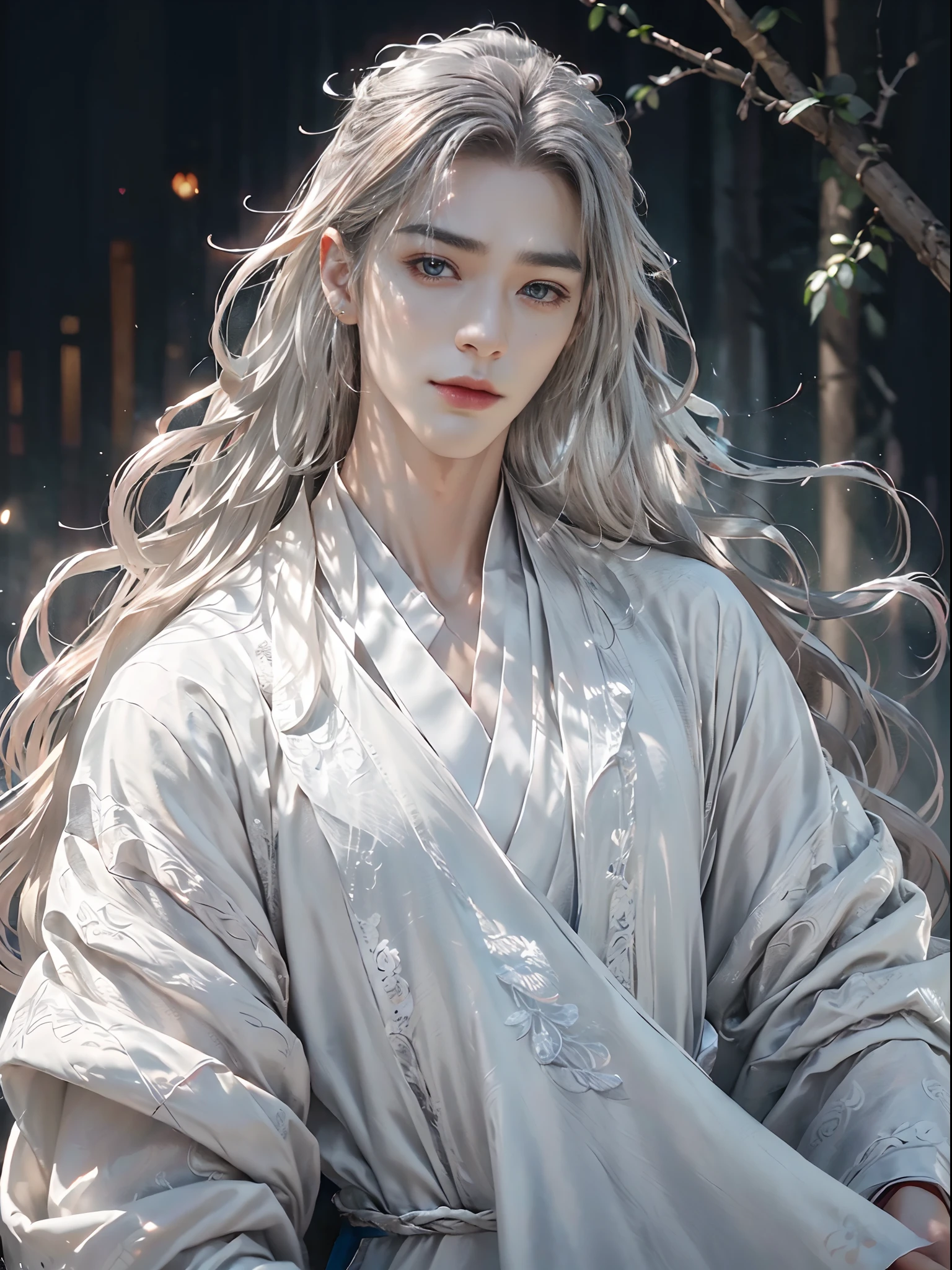 (extreamly delicate and beautiful:1.2), 8K, (tmasterpiece, best:1.0), , (LONG_silver_HAIR_MALE:1.5), Upper body body, a long_haired male, cool and seductive, evil_gaze, wears white hanfu, and intricate detailing, and intricate detailing, finely eye and detailed face, Perfect eyes, Equal eyes, Fantastic lights and shadows、white room background、 Uses backlight and rim light