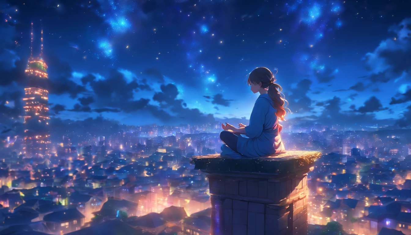 A girl meditating on top of a building at night under a starry sky, with buildings below, (melhor qualidade, 4k, Altas:1.2) , ultra-detalhado, (Realistic:1.37), Illustrations, paisagem urbana, atmosfera tranquila, cores vibrantes, soft lighting