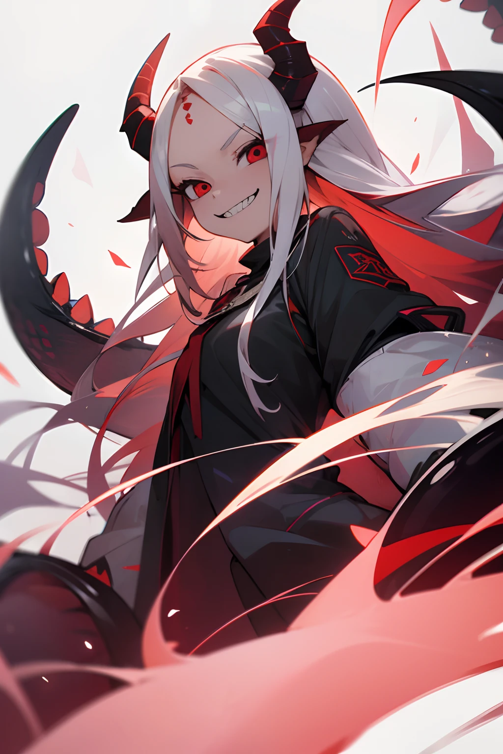 Young girl, red-eyes, White long hair, eye in the forehead, smirk, Cut mouth, sharp teeth, 4 Horns, tail, tentacles all over the body, wings