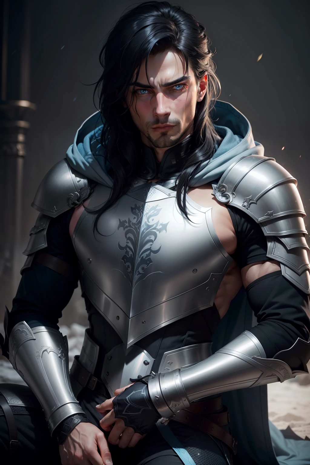 A seductive man in armor wearing a gray hooded coat with messy black hair, striking blue eyes, and fair skin, captured in realistic portraits with studio lighting. The image should showcase vivid colors and have a sharp focus.