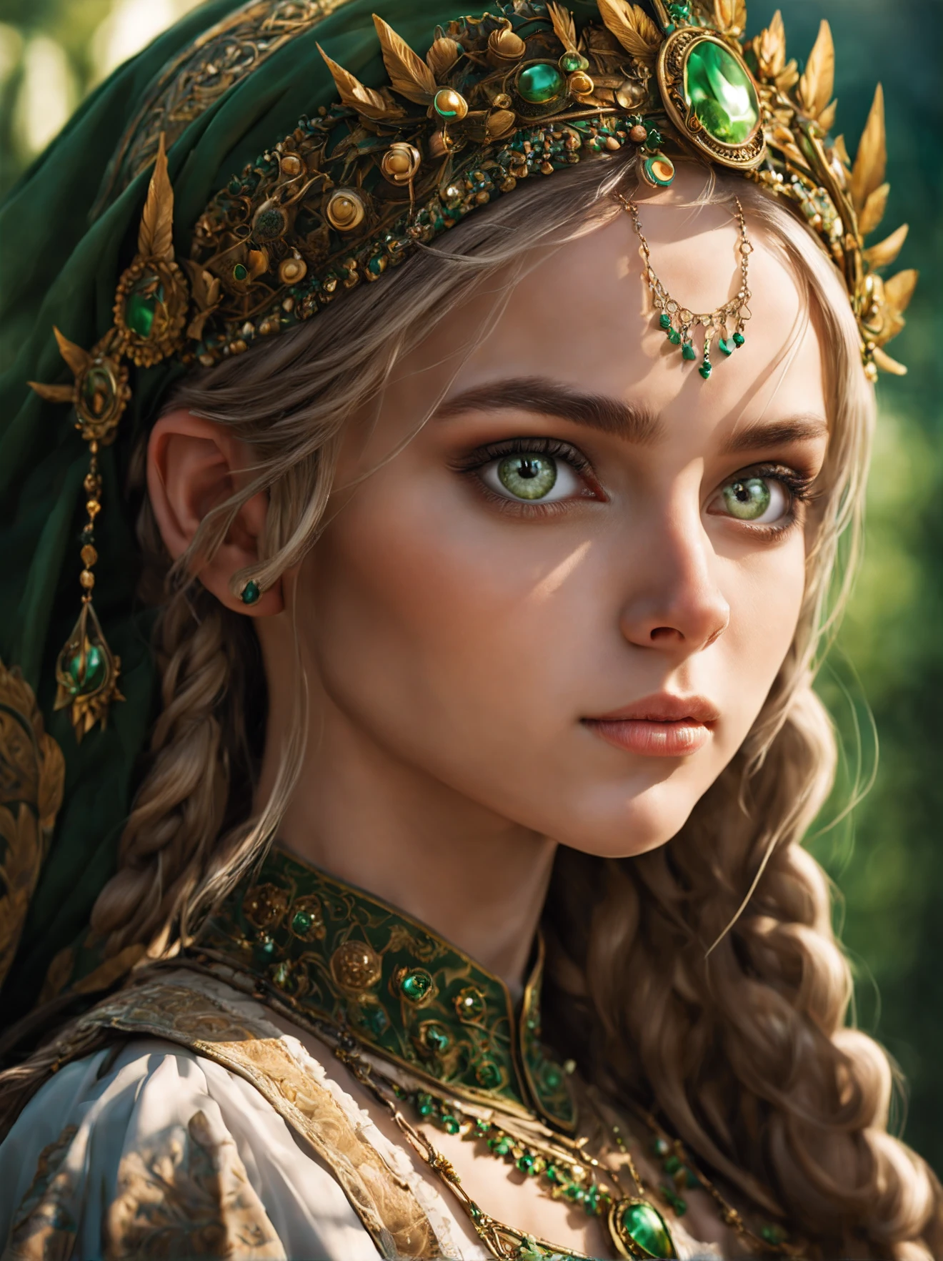 cinematic photo Portrait of a divinely beautiful, gorgeous, stunning, cute, Ukrainian teen girl with striking green eyes in the war . The luminosity of her green eyes is the focal point, contrasting with the earthy tones of her attire. Influenced by the realistic styles of classic portrait artists, with a focus on intricate detailing and natural lighting . The end result should be a high-resolution portrait capturing her cultural essence and the vividness of her eyes, 35mm photograph, film, bokeh, professional, 4k, highly detailed