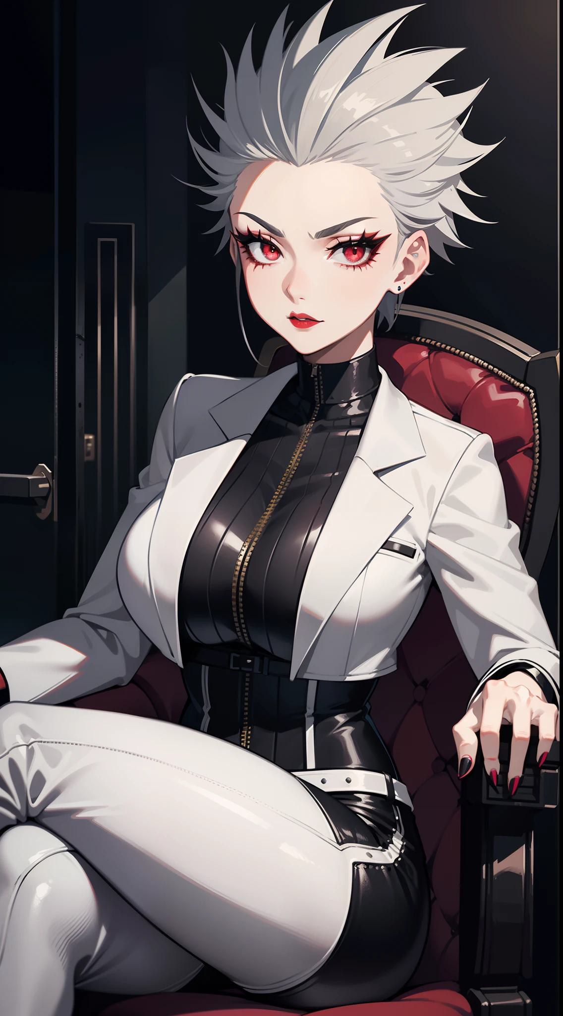 Adult woman, short gray hair, spiked hair, red eyes, black eye shadow, black lipstick, White aristocrat jacket, black tight pants, large breasts, musculature, claws, lock, sits on a chair, Masterpiece, hiquality, 4k, HD, Good detail