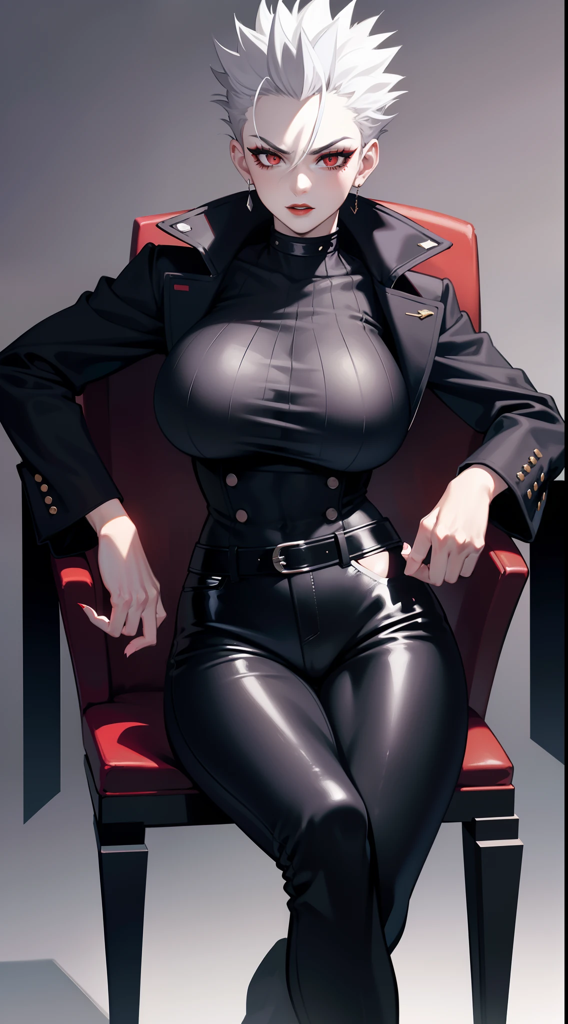 Adult woman, short gray hair, spiked hair, red eyes, black eye shadow, black lipstick, White aristocrat jacket, black tight pants, large breasts, musculature, claws, lock, sits on a chair, Masterpiece, hiquality, 4k, HD, Good detail