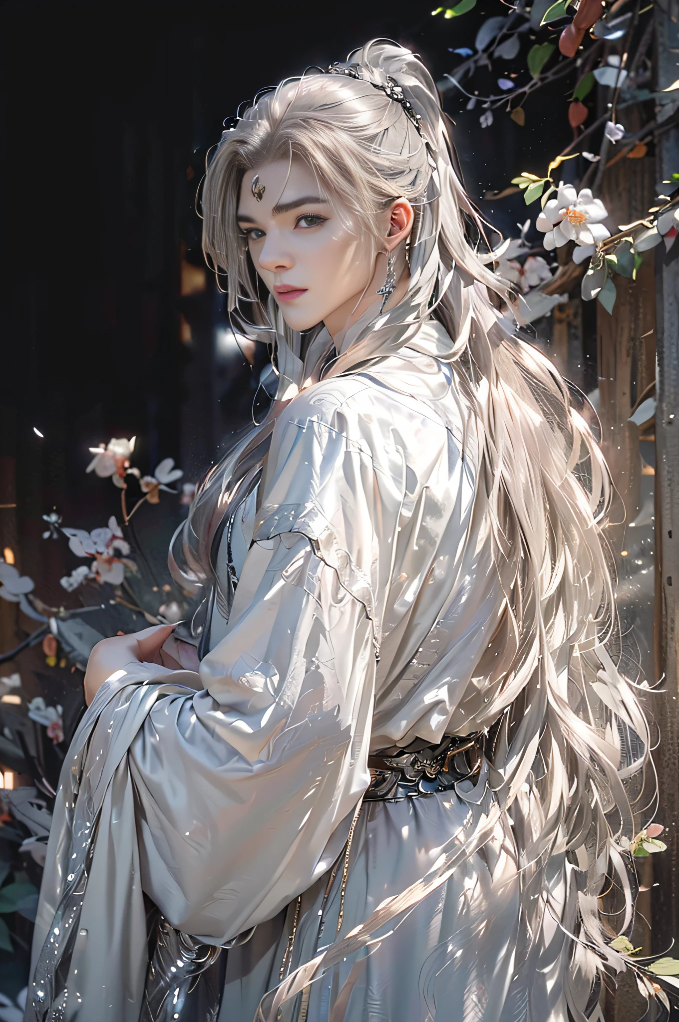 (extreamly delicate and beautiful:1.2), 8K, (tmasterpiece, best:1.0), , (LONG_silver_HAIR_MALE:1.5), Upper body body, a long_haired male, cool and seductive, evil_gaze, wears white hanfu, and intricate detailing, and intricate detailing, finely eye and detailed face, Perfect eyes, Equal eyes, Fantastic lights and shadows、white room background、 Uses backlight and rim light