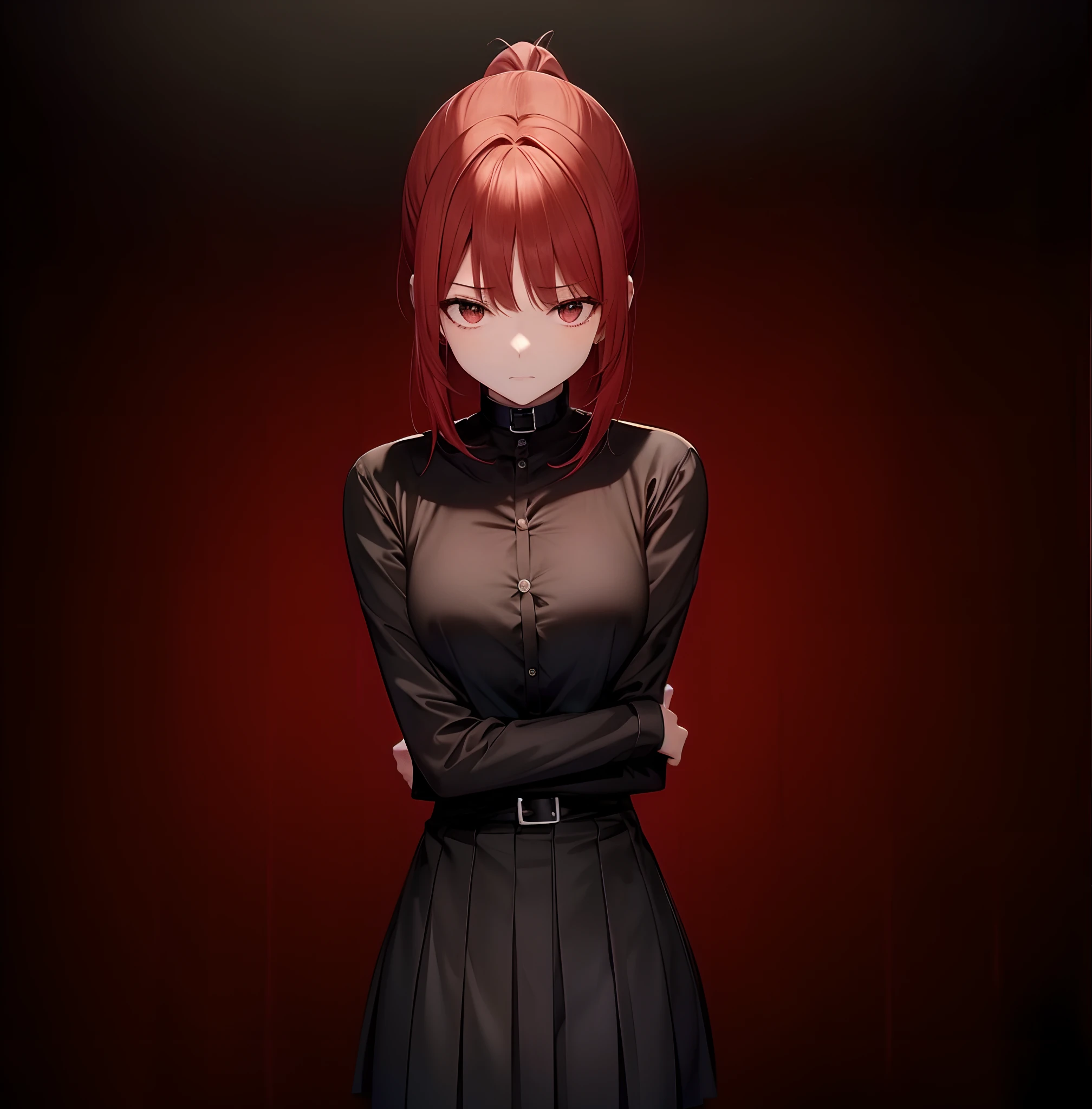 realistic anime, best quality, anxious mood, female, red hair, ponytail, black collar shirt, tight skirt, aim the gu at audience, anxious atmosphere,