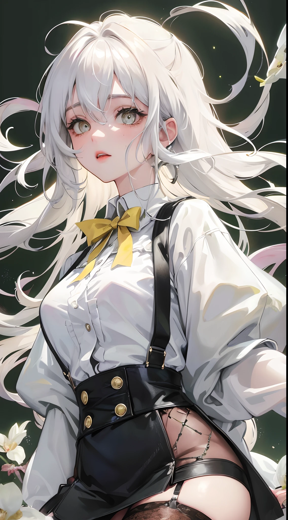 A super beautiful girl,long white hair,big bright eyes,Cool feeling,Vintage suspender clothing,vintagestyle,Low saturation colors,Mottled texture,Yellowish texture,Rei Kurahashi's artwork,Hyper-Resolution,accuracy,detail render,(Delicate facial portrayal)(Fine hair portrayal)(highest quality)(Master masterpieces)(High degree of completion)(a sense of atmosphere)tmasterpiece,ultra - detailed(half-body portrait)