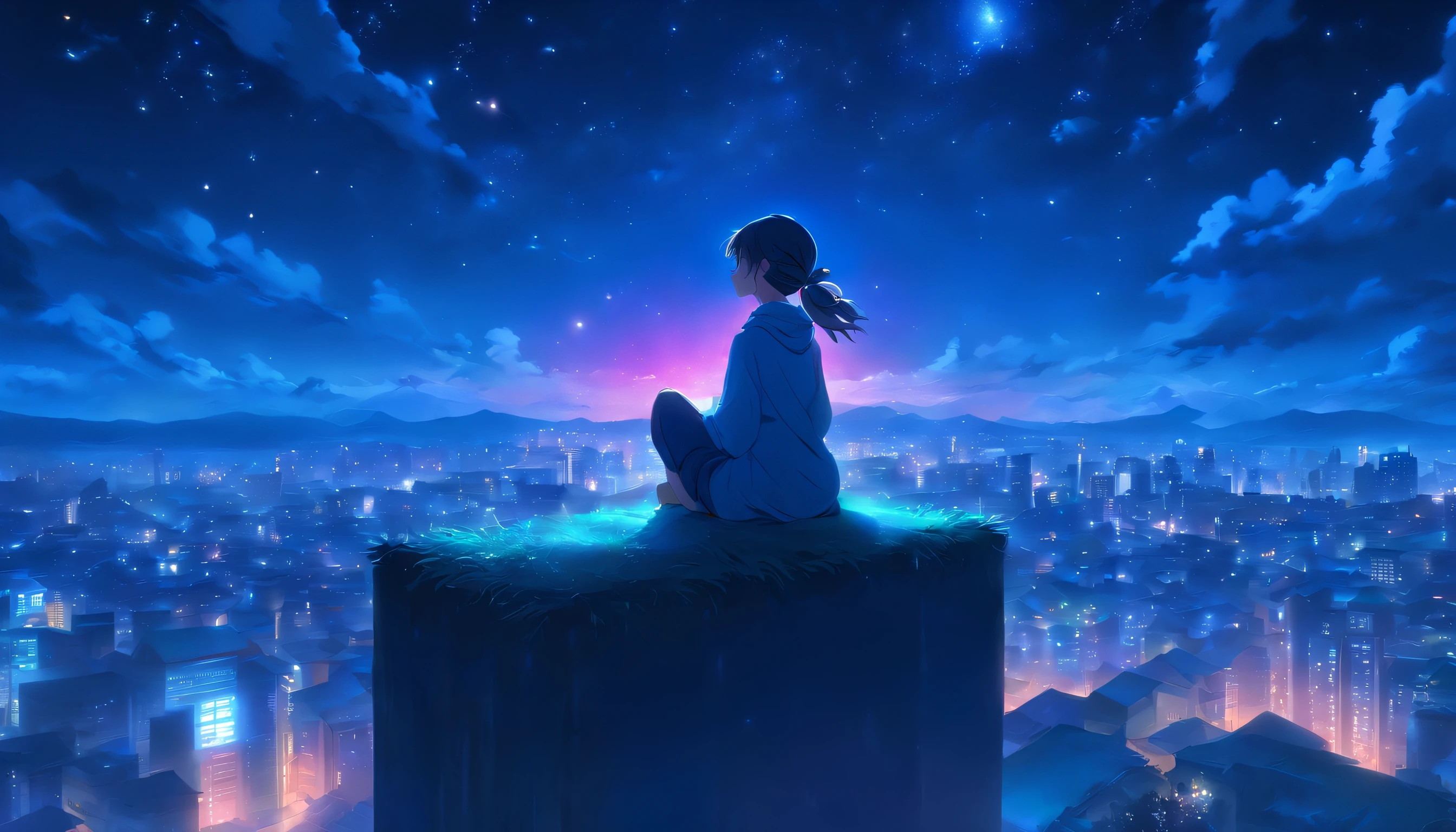 A girl meditating on top of a building at night under a starry sky, with buildings below, (melhor qualidade, 4k, Altas:1.2) , ultra-detalhado, (Realistic:1.37), Illustrations, paisagem urbana, atmosfera tranquila, cores vibrantes, soft lighting