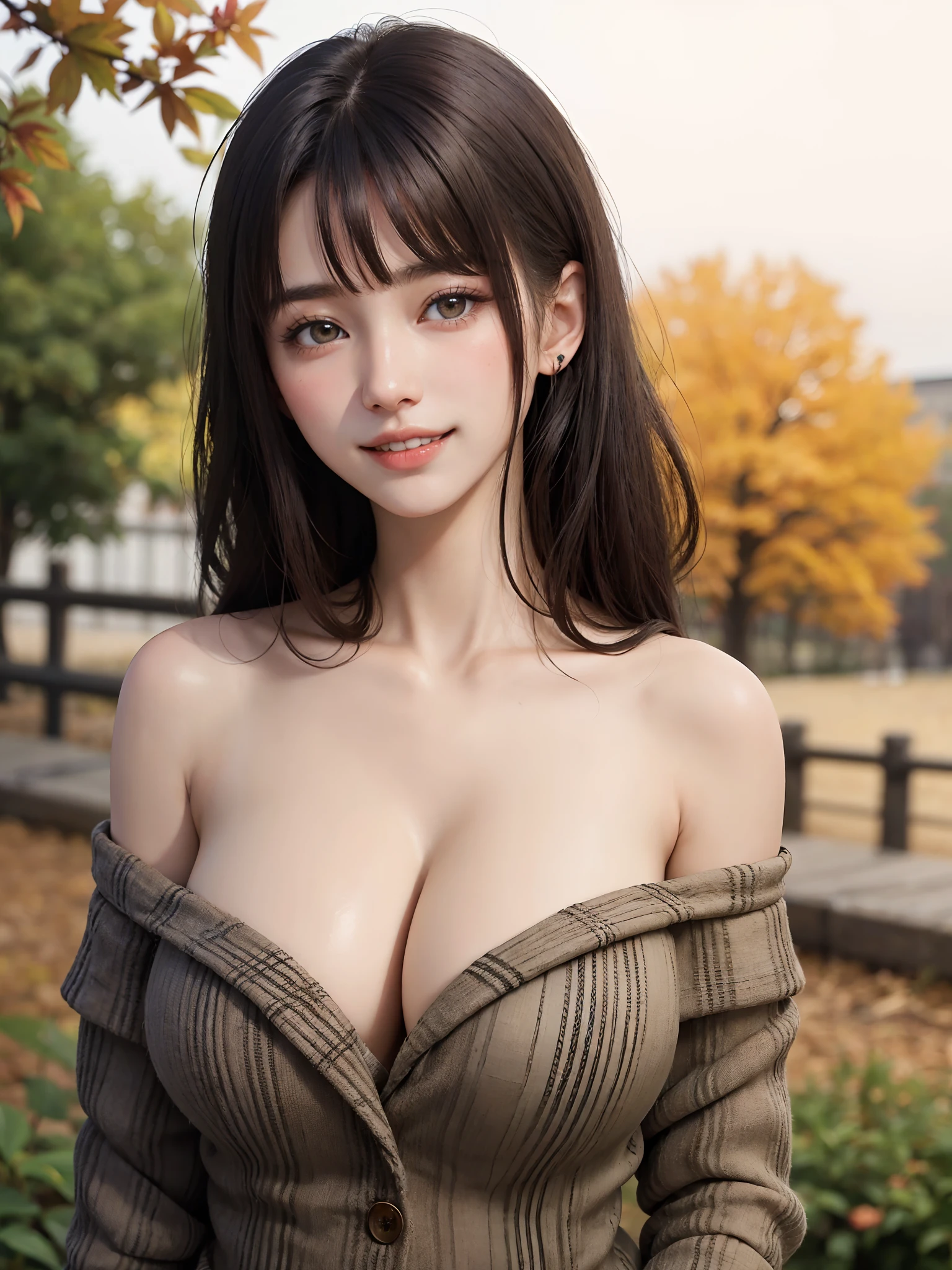 (masutepiece:1.4、top-quality:1.4、Top image quality:1.4、Beautiful adult woman full of charm with cute adult smile:1.4、Beautiful teeth、lipgloss、shiny and glossy hair、Have shiny bangs、short shiny hair with long locks,,,,、the neck is long:1.4、Put your ears out、tall supermodel、Supermodel with broad shoulders、{Gigantic|Big|Huge|Mega} breasts, Beautiful breasts have cleavage)、(Cute high school girl、student clothes、blazers、Off-shoulder white shirt、Short plaid pleated skirt、28 year old)、Very cute and attractive woman、(Against the backdrop of nature-rich nature with autumn leaves)