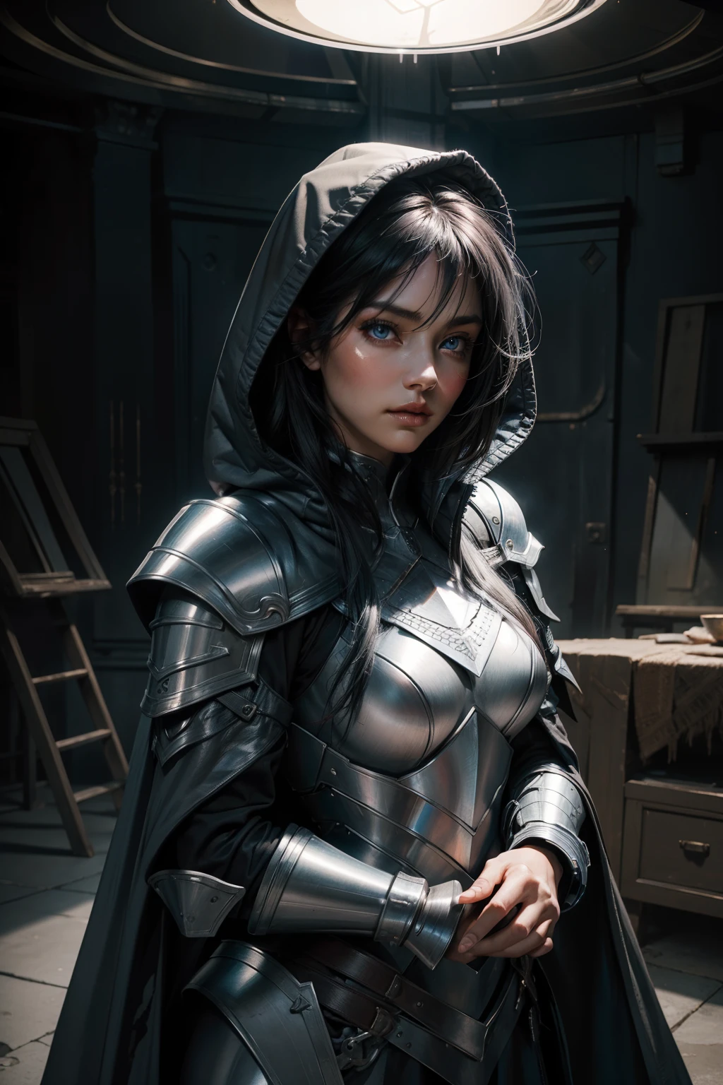 A seductive woman in armor wearing a gray hooded coat with messy black hair, striking blue eyes, and fair skin, captured in realistic portraits with studio lighting. The image should showcase vivid colors and have a sharp focus.