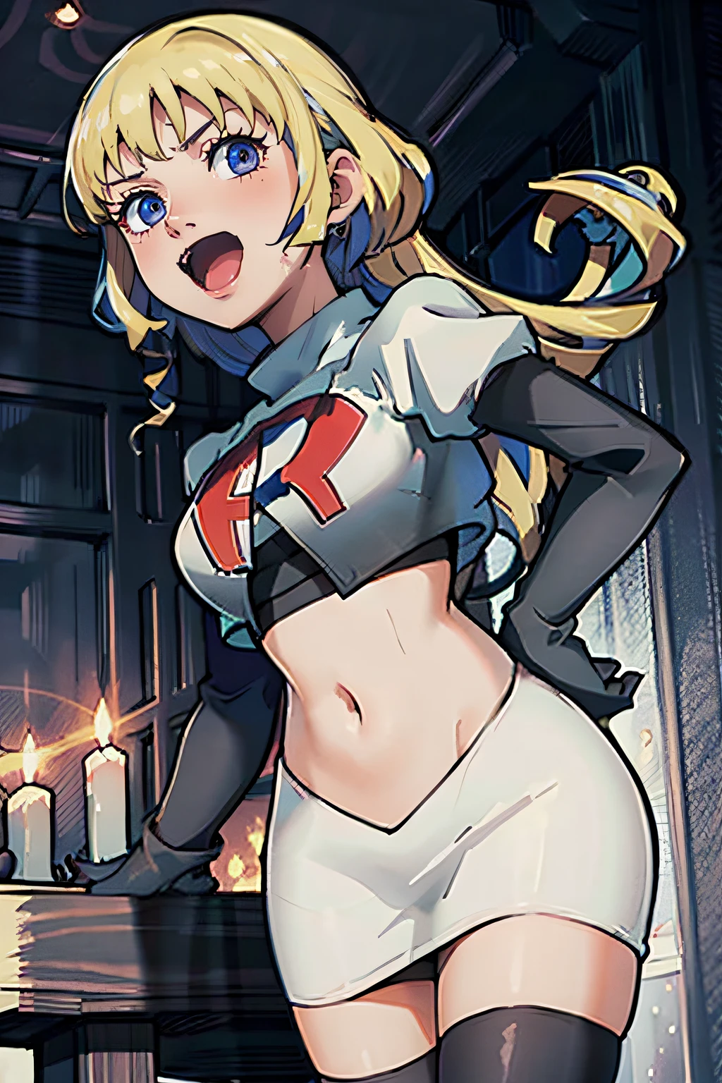 constance_academy, team rocket,team rocket uniform, red letter R, white skirt,white crop top,black thigh-highs,black elbow gloves, evil laugh, looking down on viewer, one arm with back of the hand hovering over face