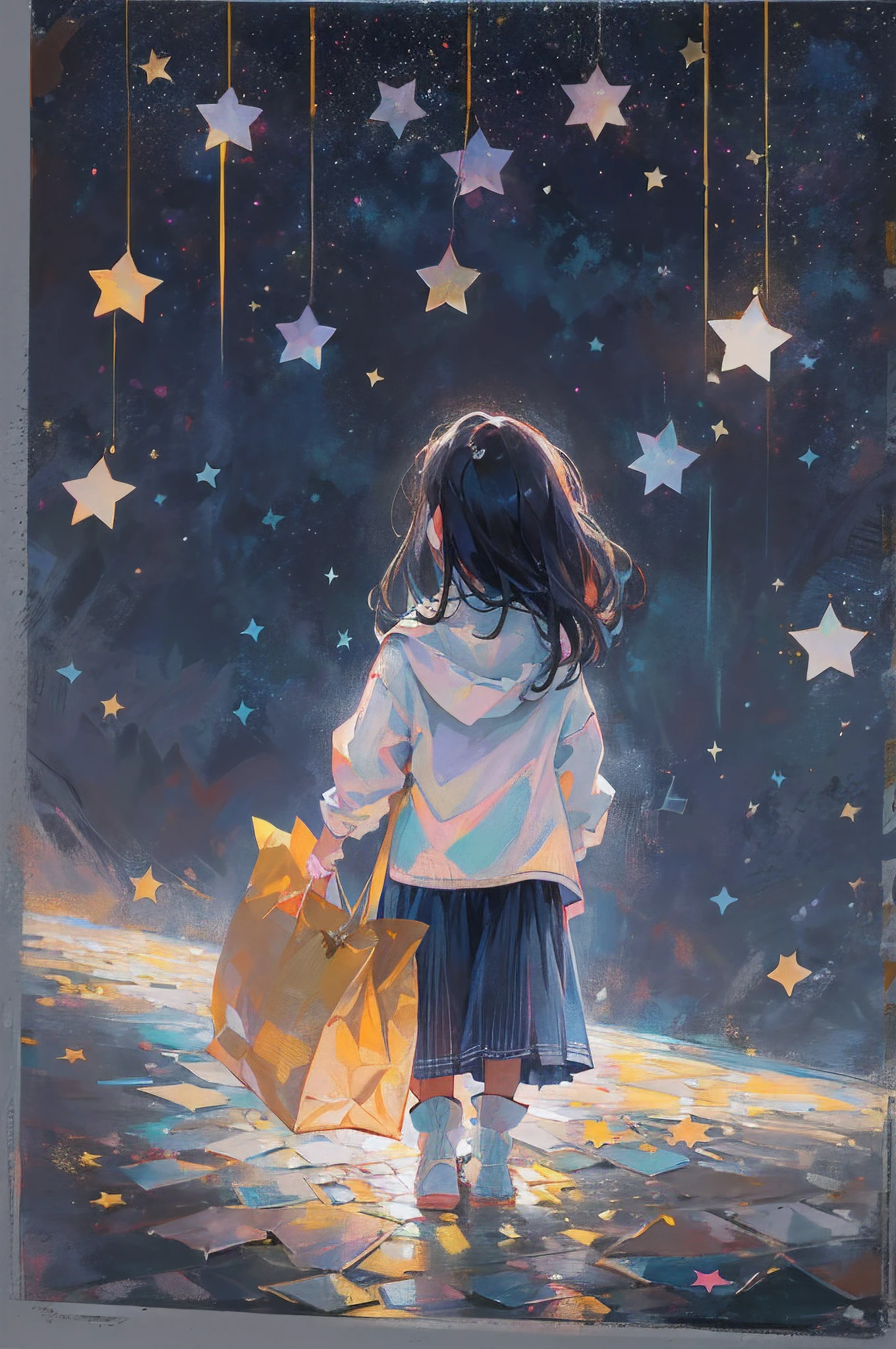 Girl Collecting Stars. She picked up a star from the sky、Pack in a bag to carry. Stars shine brightly in the bag.(Contemporary art like a picture book )(Flat Oil Painting)(simplified)(Low saturation)(Overview with Crayons)(Many white space)(Less is more)