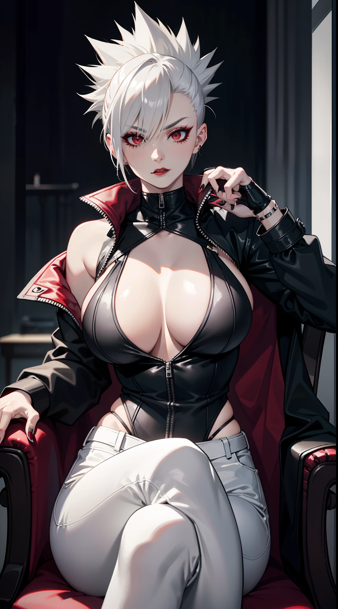 Adult woman, short gray hair, spiked hair, red eyes, black eye shadow, black lipstick, White aristocrat jacket, black tight pants, large breasts, musculature, claws, lock, sits on a chair, Masterpiece, hiquality, 4k, HD, Good detail