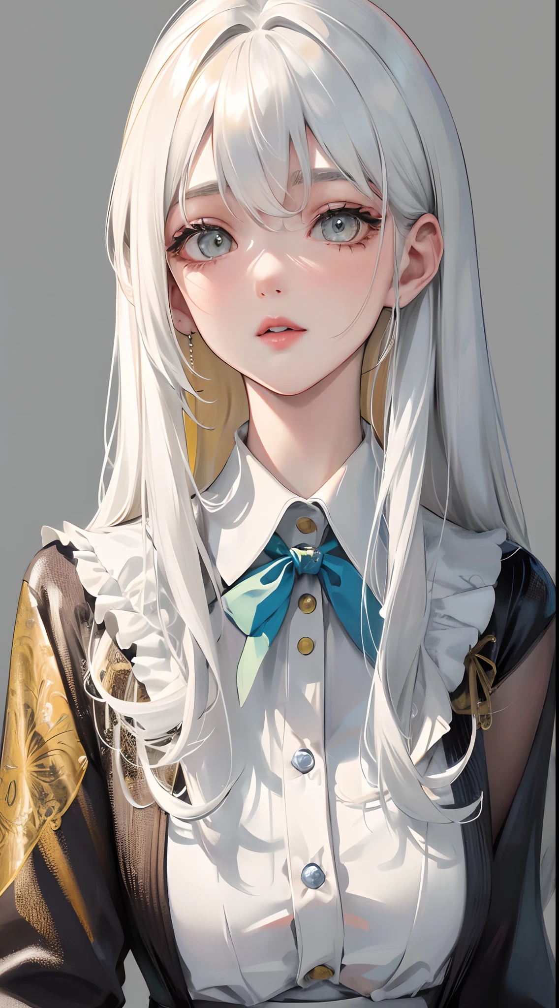 A super beautiful girl，long  white hair，big bright eyes，Cool feeling，Vintage suspender clothing，vintagestyle，Low saturation colors，Mottled texture，Yellowish texture，Rei Kurahashi's artwork，Hyper-Resolution，accuracy，detail render，（Delicate facial portrayal）（Fine hair portrayal）（highest  quality）（Master masterpieces）（High degree of completion）（a sense of atmosphere）tmasterpiece，ultra - detailed（half-body portrait）