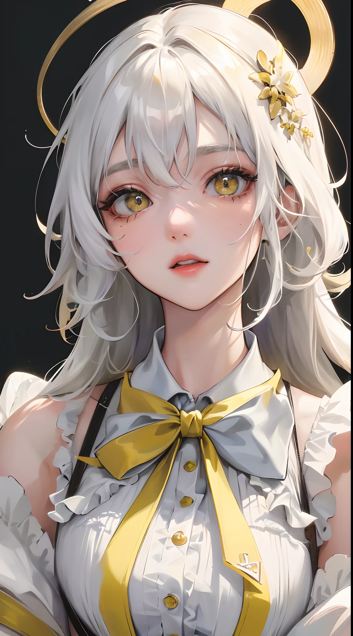 A super beautiful girl,long white hair,big bright eyes,Cool feeling,Vintage suspender clothing,vintagestyle,Low saturation colors,Mottled texture,Yellowish texture,Rei Kurahashi's artwork,Hyper-Resolution,accuracy,detail render,(Delicate facial portrayal)(Fine hair portrayal)(highest quality)(Master masterpieces)(High degree of completion)(a sense of atmosphere)tmasterpiece,ultra - detailed(half-body portrait)