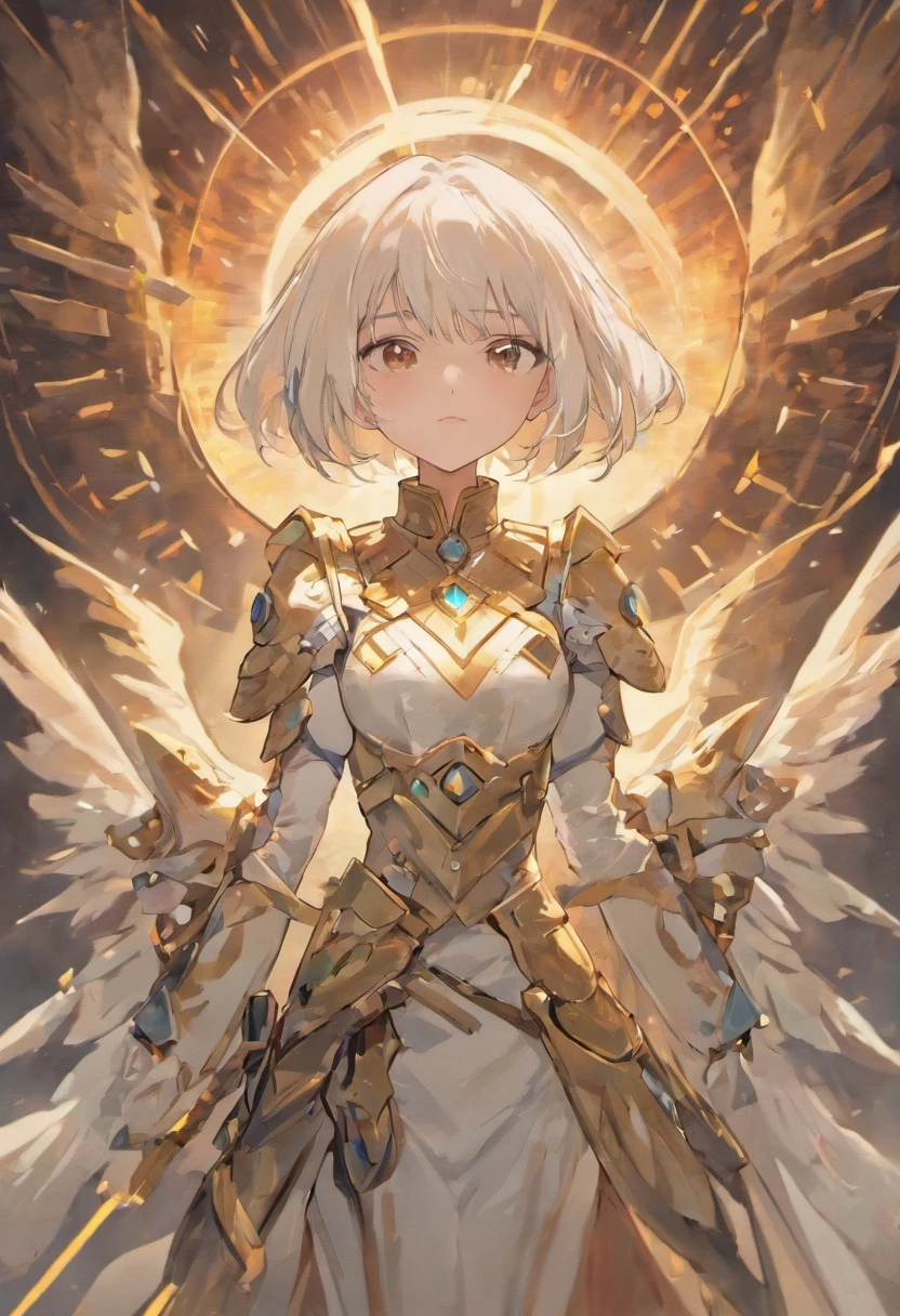 a girl,a general,Dignified and dignified in appearance,Skilled white short hair,A robust and sturdy figure,Wearing armor,Holding a sword