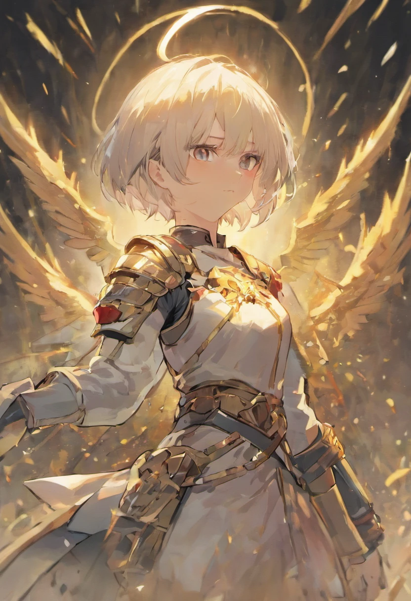 a girl,a general,Dignified and dignified in appearance,Skilled white short hair,A robust and sturdy figure,Wearing armor,Holding a sword