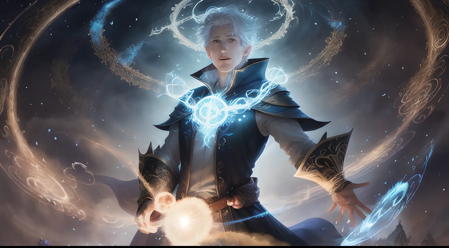 dnd, dungeons and dragons, yuan-ti pure blood, snake man, sorcerer, slender, assassin, ice, cold, magic, casting a spell, solo, single person, portrait, action pose, pale white skin, silver and white snake scales on face cheeks and forehead, vertical black line tattoo on bottom lip and chin, short spiky white and silver hair, light grey eyes, handsome, male, anime, ornate silver robes, silver jewelry with blue gems, frost, ((masterpiece, best quality)), trending artwork