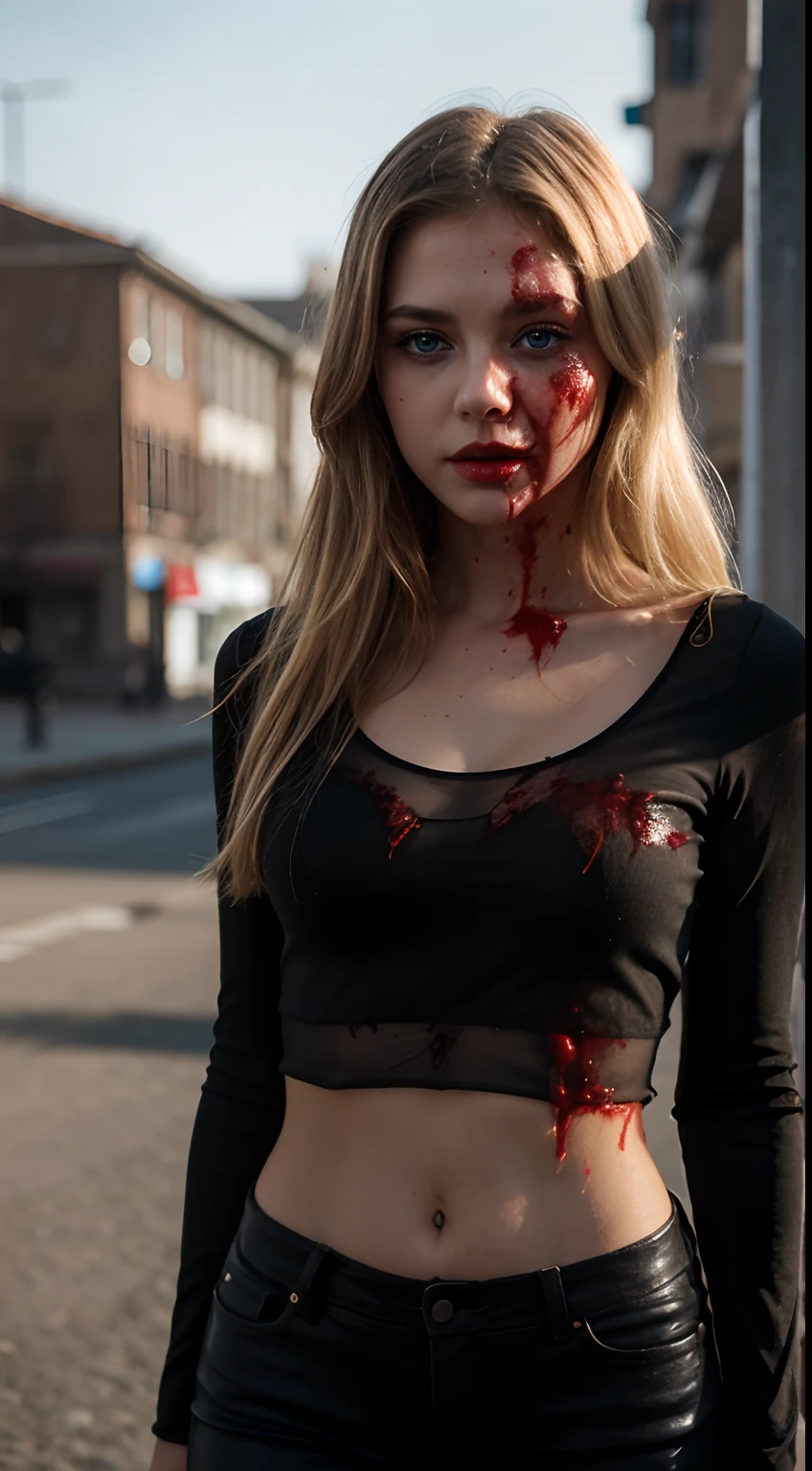 photo of a blonde girl, cute girl, blue eyes, elegant clothes, ((upper body)), dark clothes, ((blood on face, blood)).
