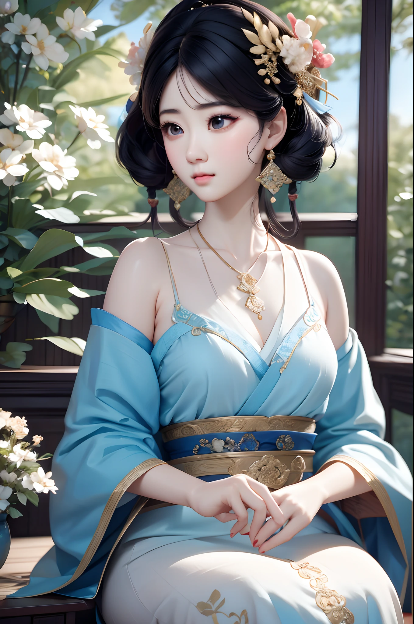 Close-up of a woman wearing a light blue slip dress necklace, Chinese style, Chinese girl, Beautiful character painting, Guviz-style artwork, Palace ， A girl in Hanfu, Beautiful rendering of the Tang Dynasty, Realistic anime 3 D style, trending on cgstation, 8K high quality detailed art, Princesa chinesa antiga, Chinese woman, Guviz