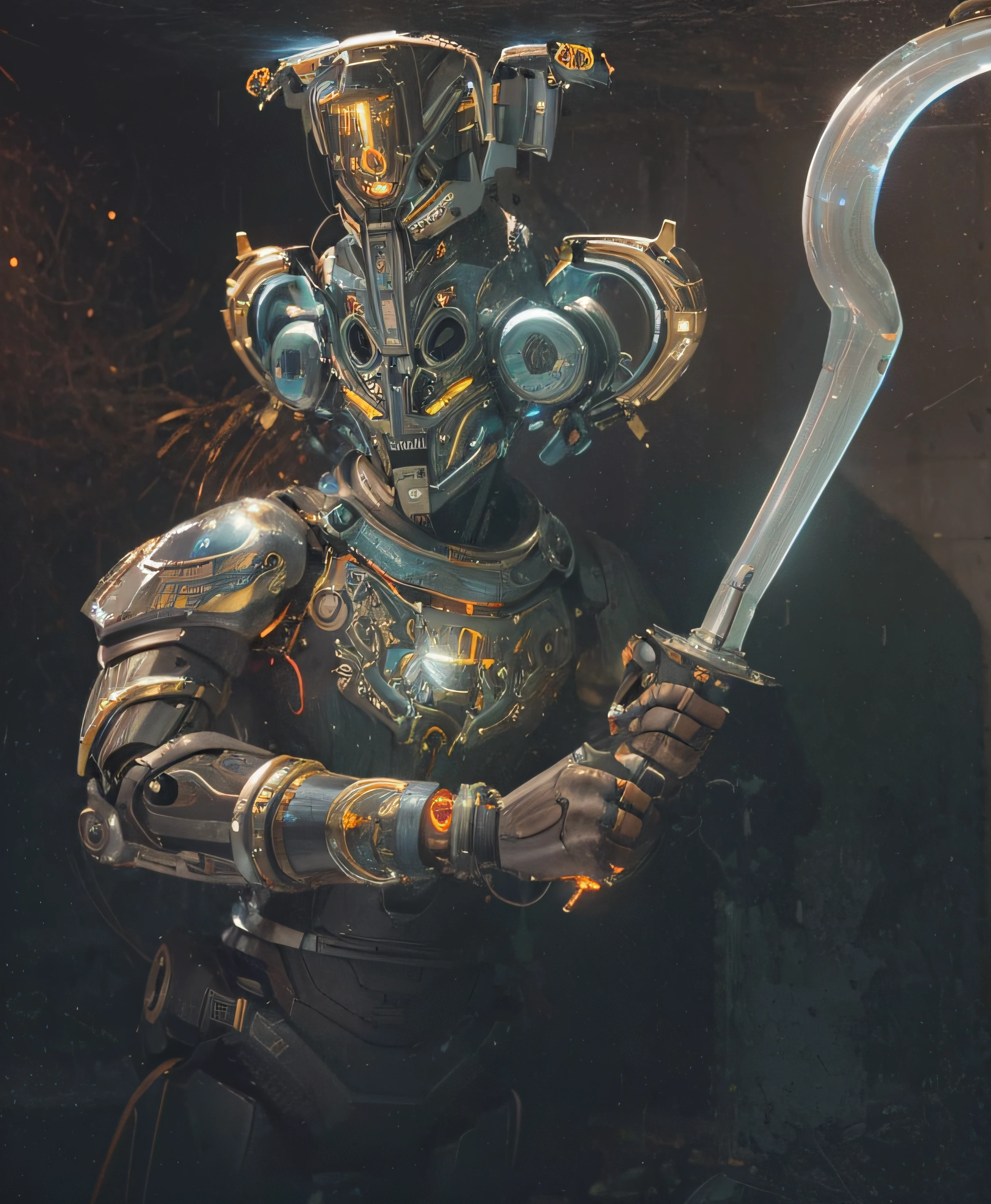 The body of the robot and the face of the person., glowing light eyes, Biomechanics, Parts weird, Creepy, nightmarish, Very bright colors, Light particles, with light glowing, Mshiv, wallpaper art, UHD wallpaper