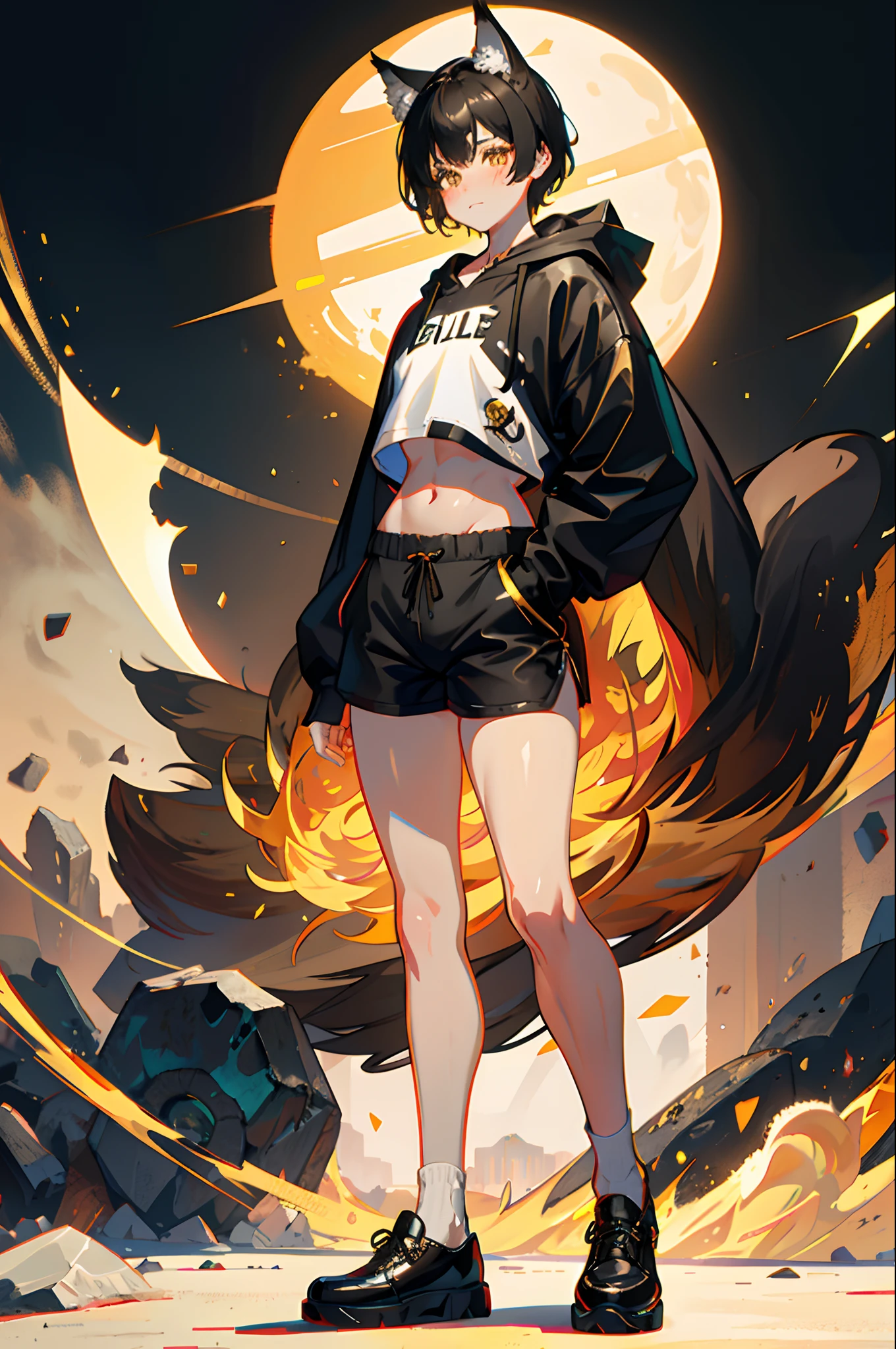 wolf ears, 1boy, gold eyes, black hair, short hair, wolf tail, vibrant, HD, black baggy hoodie, black booty shorts, accurate hands, blush, black thigh socks, smug, big butt, big thighs, toned abs, black shoes, flat chest, accurate legs