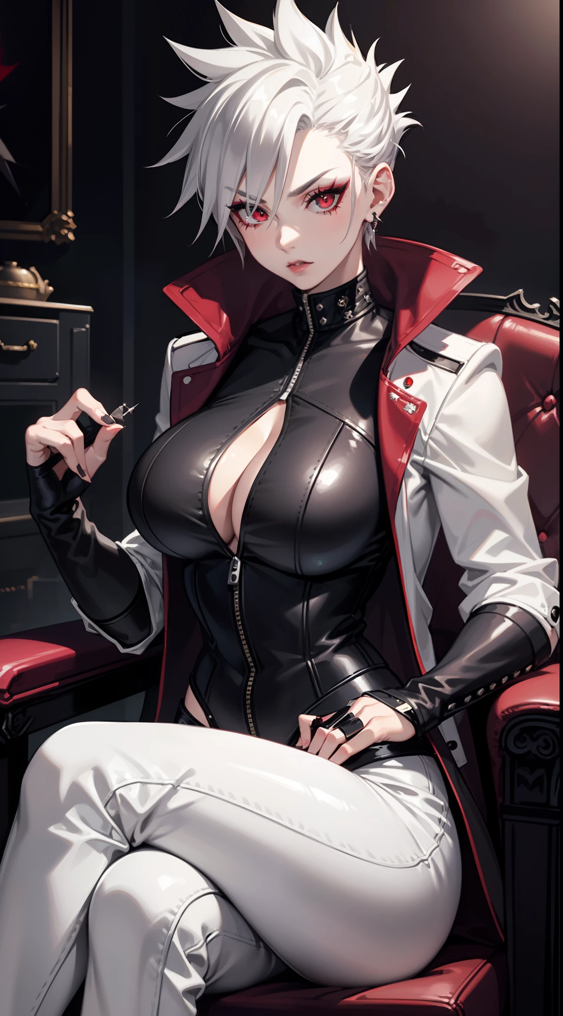 Adult woman, short gray hair, spiked hair, red eyes, black eye shadow, black lipstick, White aristocrat jacket, black tight pants, large breasts, musculature, claws, lock, sits on a chair, Masterpiece, hiquality, 4k, HD, Good detail