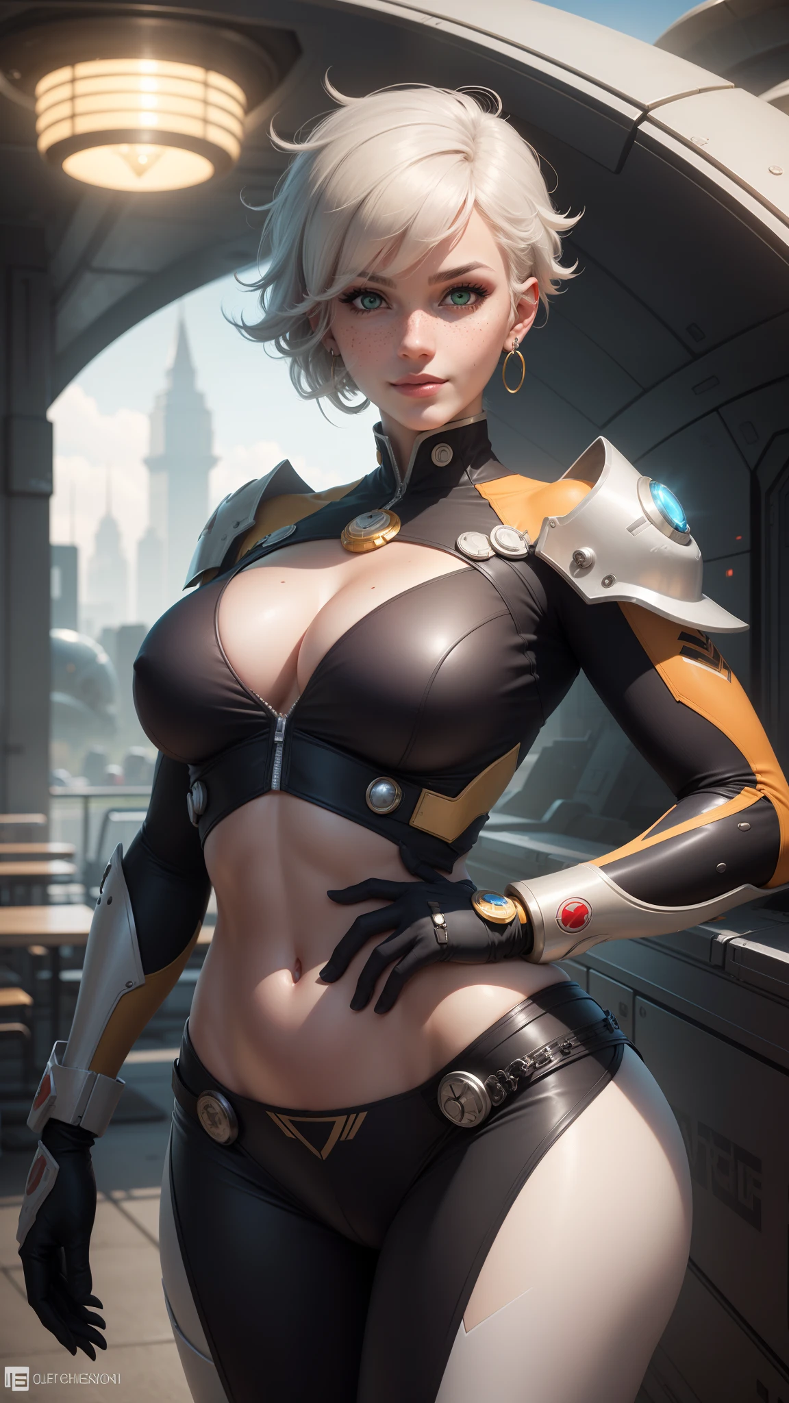 gwen tennyson,tracer,powergirl,ryuuko matoi,y'shtola rhul,close up,atelier ryza,overwatch,mecha pilot,space port,tattoos,orange and silver plugsuit,white short sleeve lycra top,steel cargo pants,uncovered belly,short hair,cute makeup,green eyes,dimensional golden hair,shy smile,freckles,beautiful girl,large breasts,8k,ultra detailed,realistic,fantasy art,saiyan armor,cyborg armor,steel armor,space ship,military uniform,ear piercings,hair pin,super saiyan girl,saiyan female,
