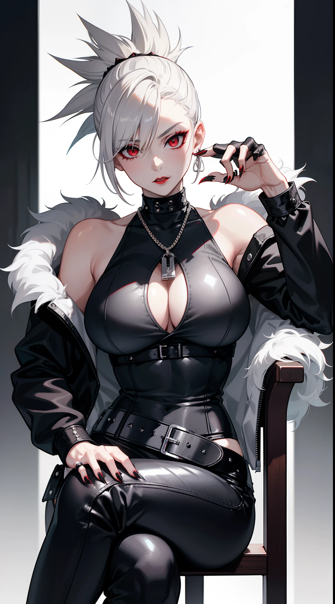 Adult woman, short gray hair, spiked hair, red eyes, black eye shadow, black lipstick, White aristocrat jacket, black tight pants, large breasts, musculature, claws, lock, sits on a chair, Masterpiece, hiquality, 4k, HD, Good detail