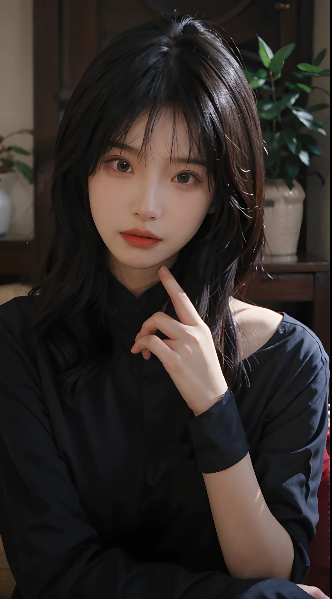 best qualtiy,tmasterpiece,超高分辨率,(realisticlying:1.4),a close up of a woman with long black hair wearing a black dress, Cai Xukun, gorgeous chinese models, Gorgeous young Korean woman, beautiful Korean women, yanjun cheng, xintong chen, ruan jia beautiful!, Beautiful young Korean woman,