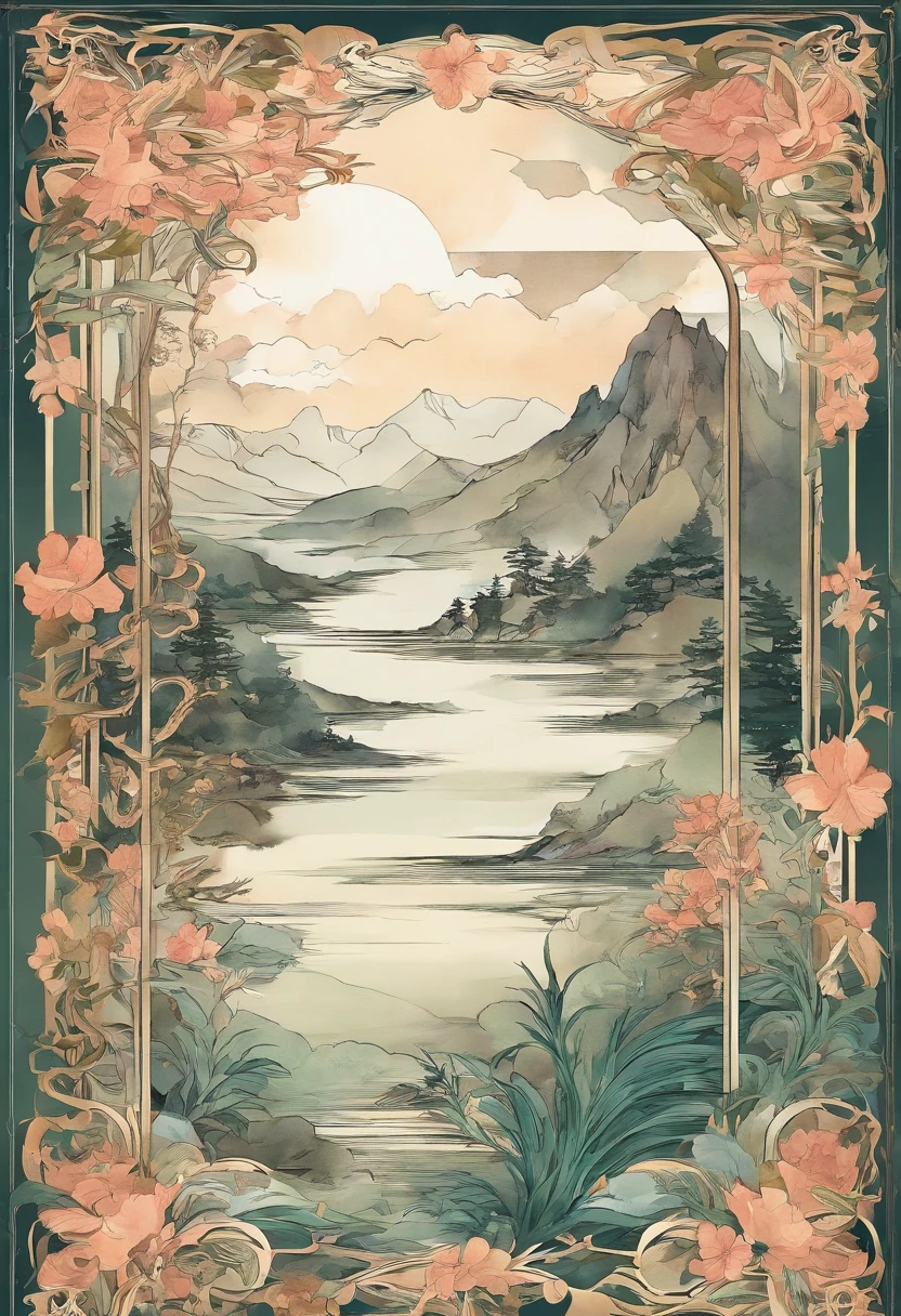 There is a poster,Above is watercolor pine cypress,Large pieces of white space,A touch of mountains,Chinese,Chinese landscape,abstracted