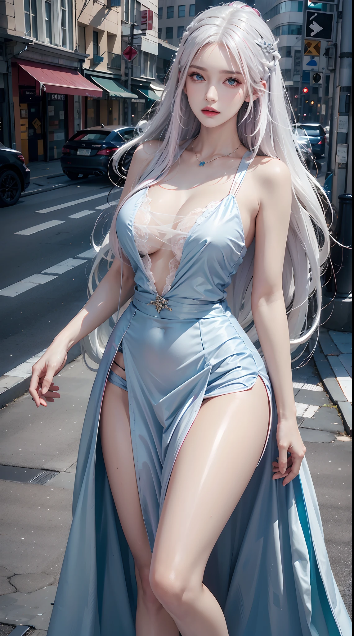 photorealistic, high resolution, 1women, shining skin, solo, tattoo, jewelry, pink lip, long hair, white hair, blue eye, closed mouth, hips up, dress, street wear