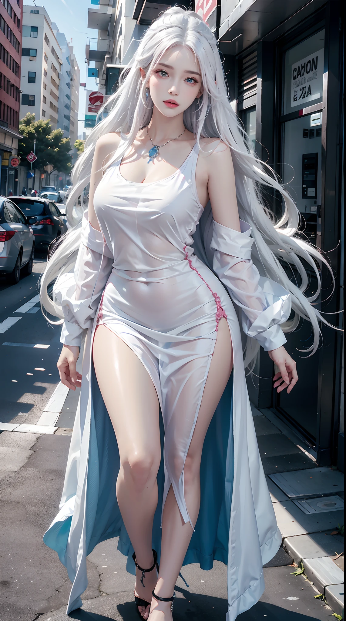 photorealistic, high resolution, 1women, shining skin, solo, tattoo, jewelry, pink lip, long hair, white hair, blue eye, closed mouth, hips up, dress, street wear