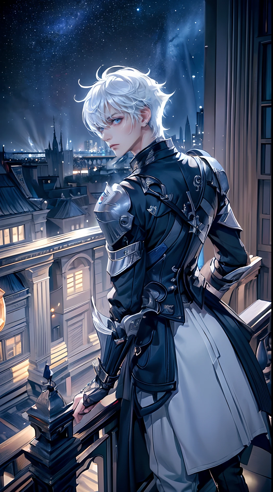 ((4K works))、​masterpiece、(top-quality)、One beautiful boy、Slim body、tall、((Black Y-shirt and white pants、Charming English knight style))、(Detailed beautiful eyes)、Fantastic English black balcony、Castle inhabited by villains、Villain Knight、Balcony at night、((Starry sky in the background))、((dark sky))、((Fashionable city scenery at midnight))、((Standing on a stylish balcony and shooting))、mid night、((Face similar to Carly Rae Jepsen))、((Short-haired white hair))、((Smaller face))、((Neutral face))、((Bright blue eyes))、((American adult male))、((Adult male 26 years old))、((Cool Men))、((Like a celebrity))、((Angry look))、((Korean Makeup))、((elongated and sharp eyes))、((Happy dating))、((boyish))、Professional Photos、(((Shot alone)))、((shot from back))、((Shot so that the back of the head is visible))、((Focus zoom in))、((He is looking at the starry sky))、((He is standing on the balcony))、horor、((Beautiful and cool photos))、Cool pose