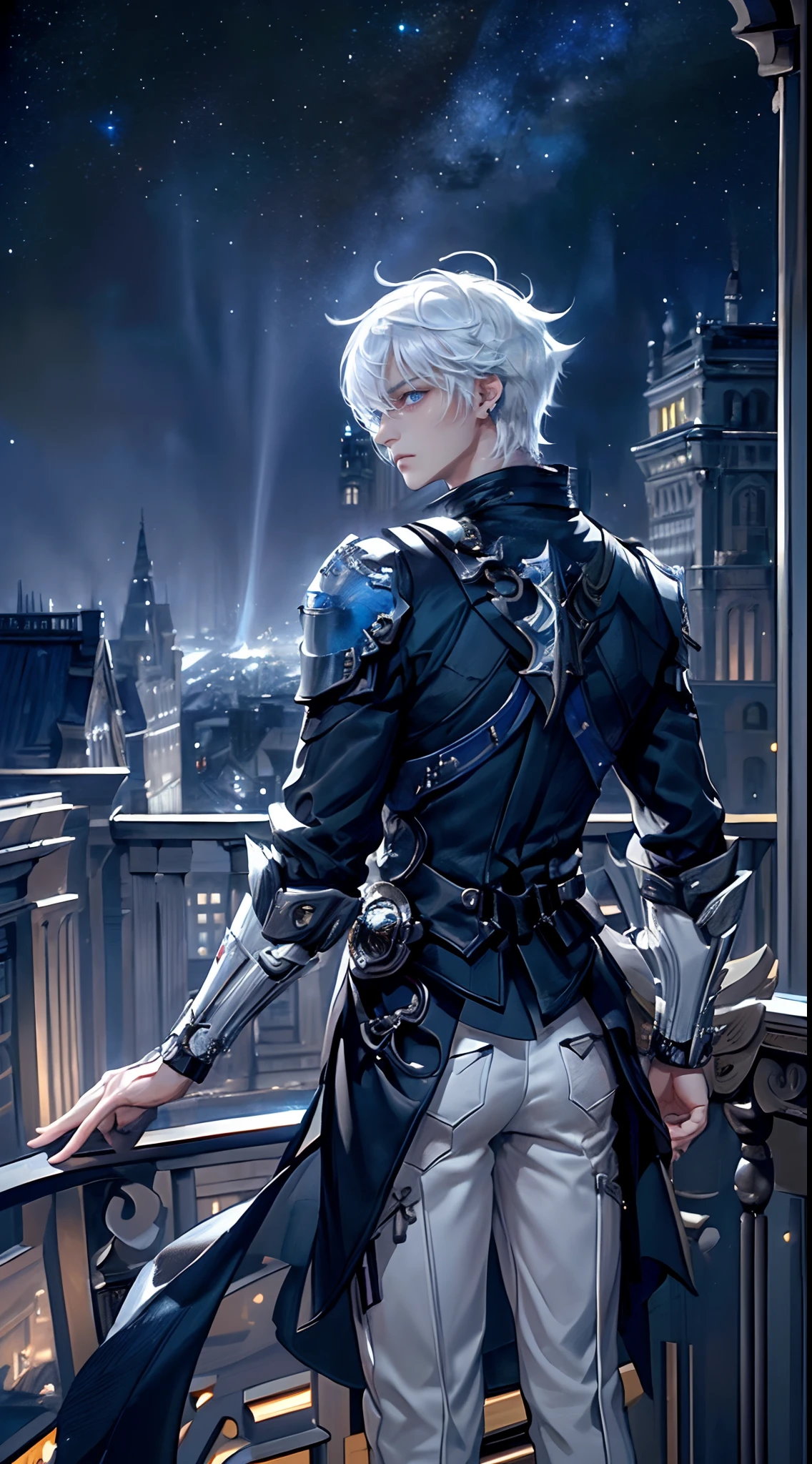 ((4K works))、​masterpiece、(top-quality)、One beautiful boy、Slim body、tall、((Black Y-shirt and white pants、Charming English knight style))、(Detailed beautiful eyes)、Fantastic English black balcony、Castle inhabited by villains、Villain Knight、Balcony at night、((Starry sky in the background))、((dark sky))、((Fashionable city scenery at midnight))、((Standing on a stylish balcony and shooting))、mid night、((Face similar to Carly Rae Jepsen))、((Short-haired white hair))、((Smaller face))、((Neutral face))、((Bright blue eyes))、((American adult male))、((Adult male 26 years old))、((Cool Men))、((Like a celebrity))、((Angry look))、((Korean Makeup))、((elongated and sharp eyes))、((Happy dating))、((boyish))、Professional Photos、(((Shot alone)))、((shot from back))、((Shot so that the back of the head is visible))、((Focus zoom in))、((He is looking at the starry sky))、((He is standing on the balcony))、horor、((Beautiful and cool photos))、Cool pose