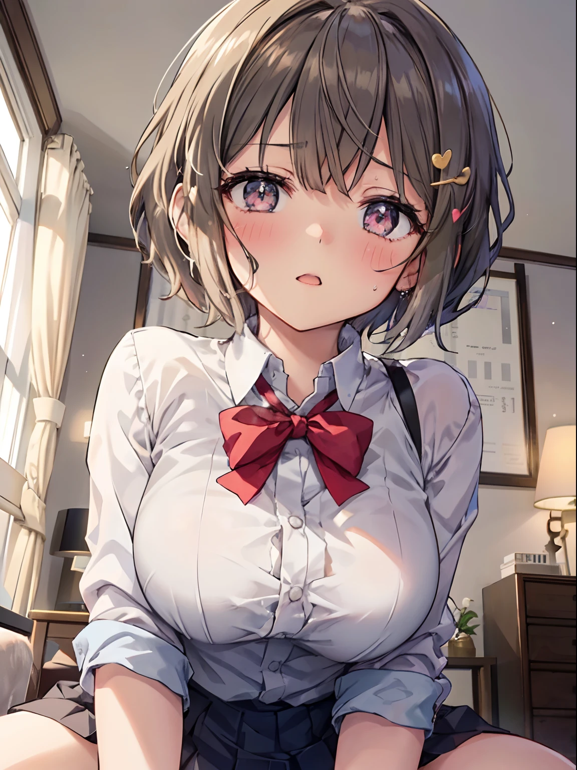 1girl in, 独奏,  Lori, Short hair, Cute, 

Sweat, heart - shaped pupils, cum on, nedium breasts, 
half closed eyes, Blush, 
view the viewer, From below, Focus, 
Particles of Light, Love hotel bedroom, 
tmasterpiece, top-quality, Anatomically correct, anime big breast,
angle of view, girl on top, straddle, Sex life,
whose, School uniforms,