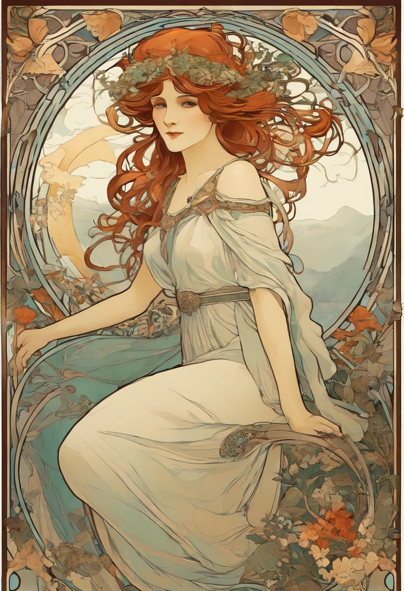 8K.Posterillustration im Alphonse Mucha-Stil, Flache Lackierung, Beautiful Western, Girl with long red hair, knielangem Kleid, mit einem Stab mit Blitzen in der Hand,Whole body like,slender body,bare feet,Jugendstil, Pflanzen im Hintergrund, NFFSW, Masutepiece, Alfonse Mucha, Hohe Detailgenauigkeit