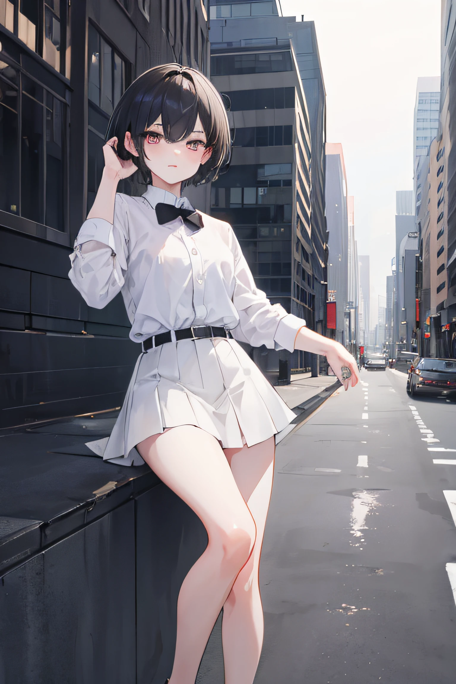1boy, short hair, goden eyes, white shirt, black short skirt, femboi, city, high res, ultrasharp, 8K, masterpiece, looking at viewer