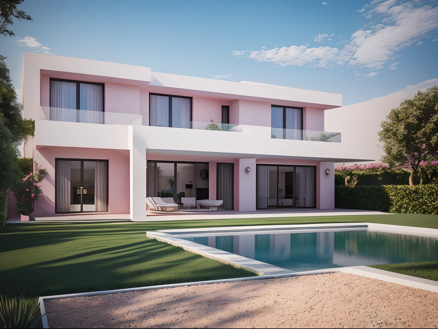 villa, sunlight, garden, ((cloudless sky)), pink, modern style, ultra realistic, 8k render, raw photo,