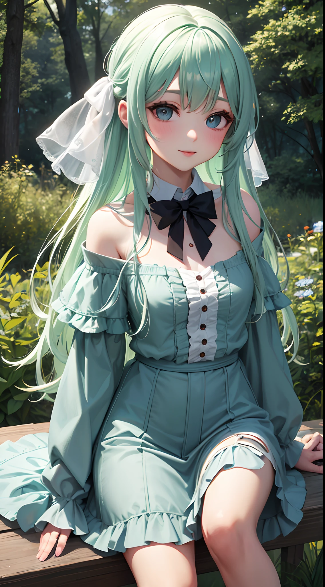 A very cute girl,conservativelydressed,Vivid eyes,ln the forest,ssmile,年轻,𝓡𝓸𝓶𝓪𝓷𝓽𝓲𝓬,grassy,Pastel colors,Hyper-Resolution,accuracy,detail render,(Delicate facial portrayal)(Fine hair portrayal)(highest quality)(Master masterpieces)(High degree of completion)(a sense of atmosphere)tmasterpiece,ultra - detailed