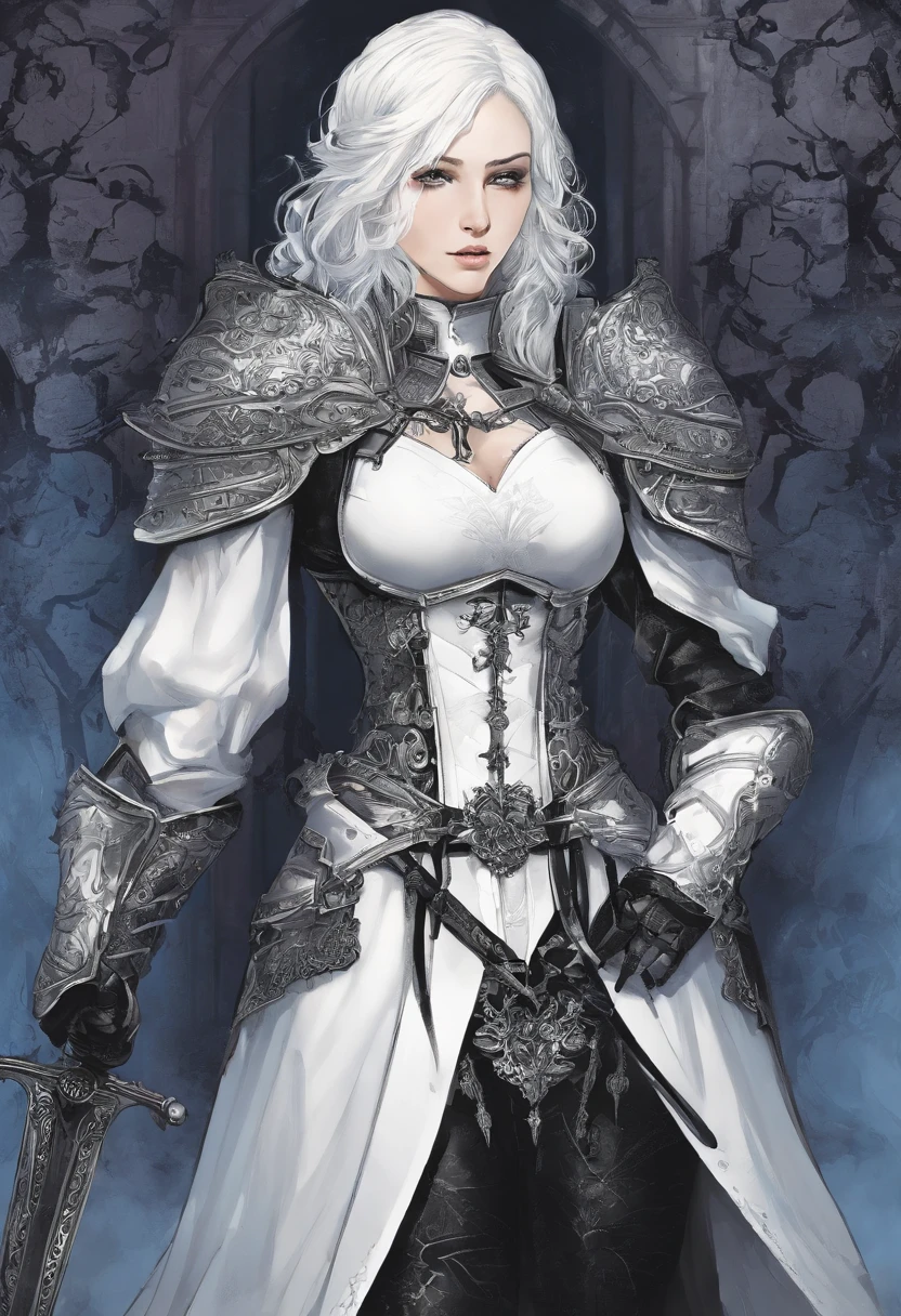 a matural female，A general,Dignified appearance，Skilled short white hair，Strong and sturdy body，Wearing armor，Holding a sword，Background nothingness