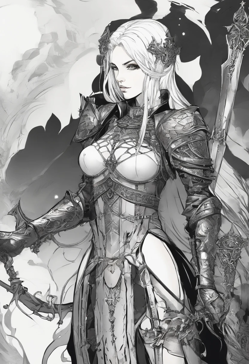 a matural female，A general,Dignified appearance，Skilled short white hair，Strong and sturdy body，Wearing armor，Holding a sword，Background nothingness