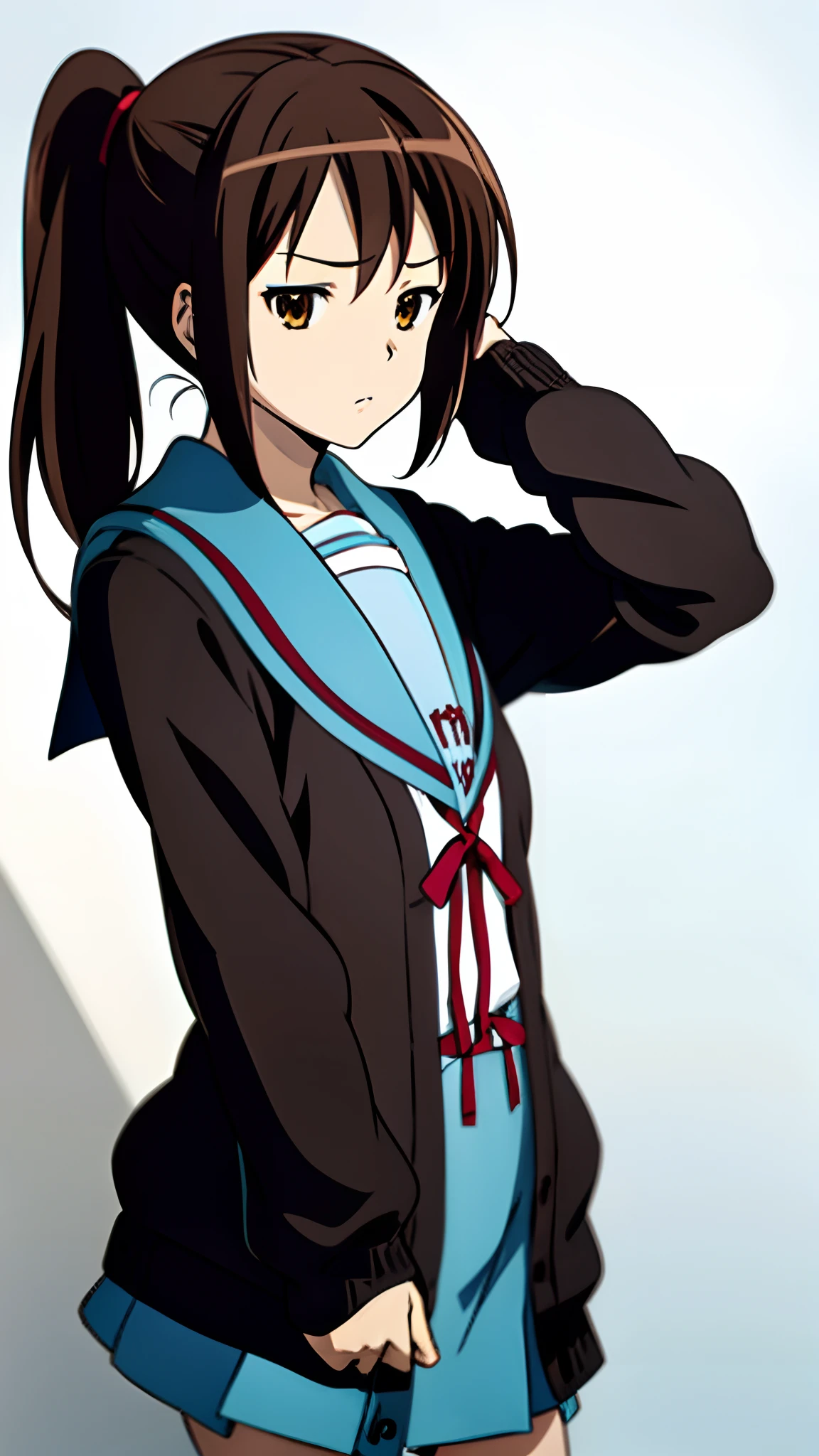 kyoani style, anime style, best quality, 4k, masterpiece, standing girl, 1 girl, solo, 1 schoolgirl, upper body, (front angle), looking at viewer, brown hair, ponytail hairstyle, brown eyes, [short girl], (flat breast:1.25), [suzumiya haruhi], sailor uniform, [[sleepy eyes]], daydreaming, unamused, neutral face, (kita high school uniform), (cardigan:1.3), open clothes, open cardigan, brown cardigan, long sleeves, winter uniform