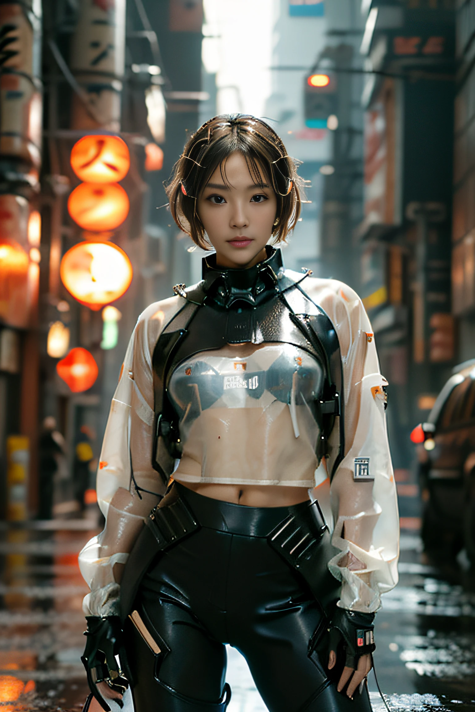 (masterpiece:1.2), (realistic, photo realistic:1.37), perfect anatomy, highly detailed background, shiny skin, (Japanese famous actress:1.5), (gyaru), flat chest, brown race, dark skin, blond hair, (very short hair:1.2), cinematic lighting, (any Pose:1.5), cowboy shot, (urban techwear:1.5), (wet hair, wet cloth, water drop on the skin:1.1), (cyberpunk city, neon, lasers:1.3), looking back,