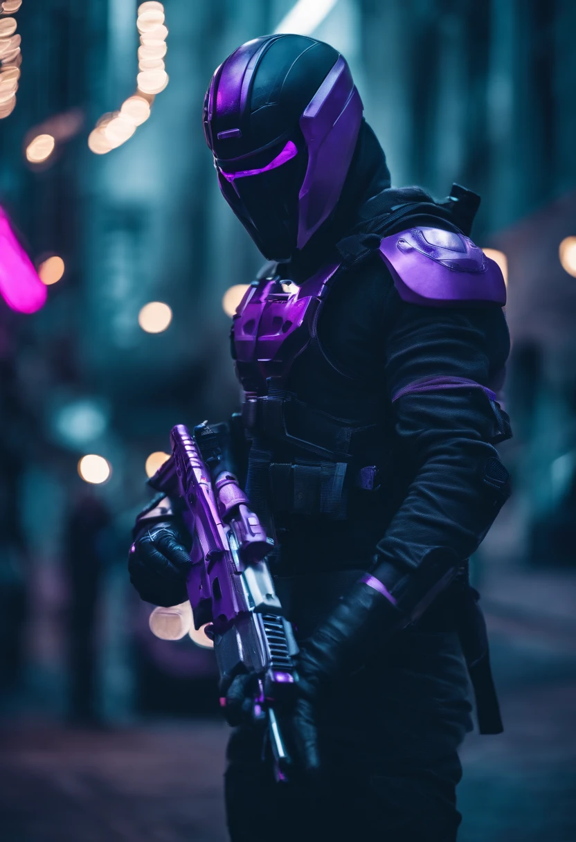cyberpunked male people Half body machine cyborgs Full Metal Mask Near Future Ninja Awesome assassin purple tone Knife in left hand Lonely heights Killing Machine masutepiece Super beautiful、shadings、masterpiece、top-quality、Official art、Limit detailed